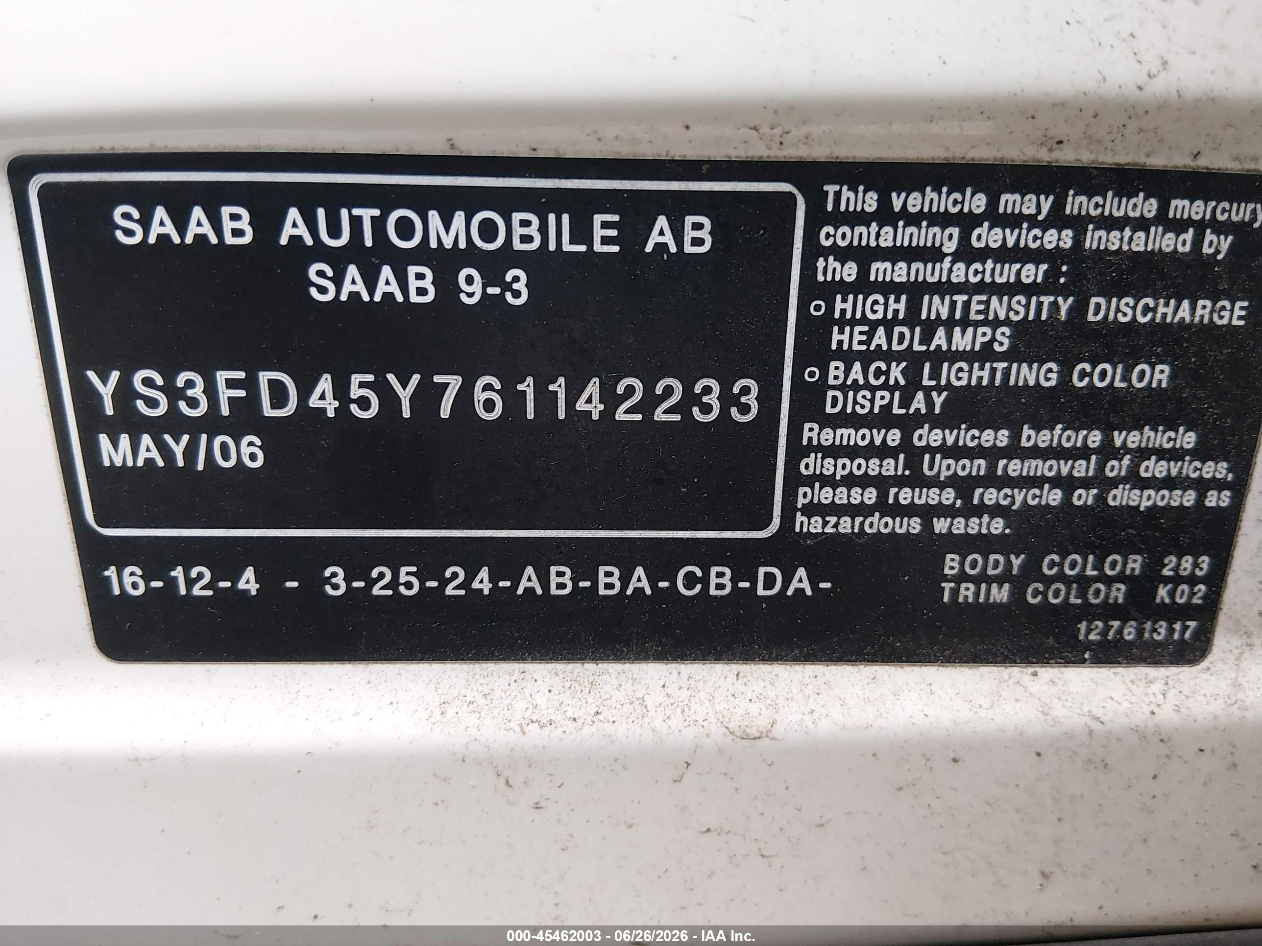 2006 Saab 9-3 2.0t White vin: YS3FD45Y761142233