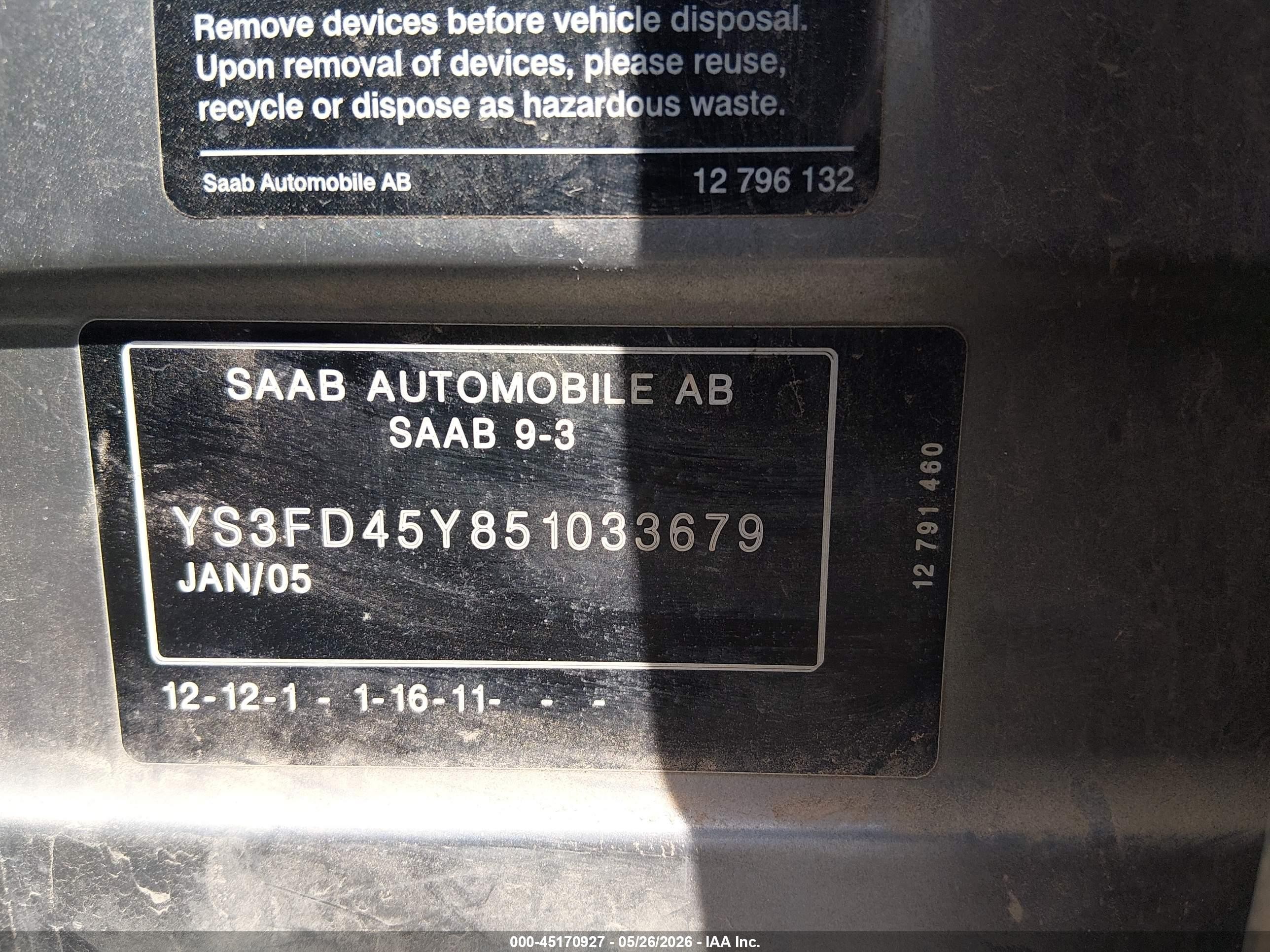 2005 Saab 9-3 Arc Серый vin: YS3FD45Y851033679