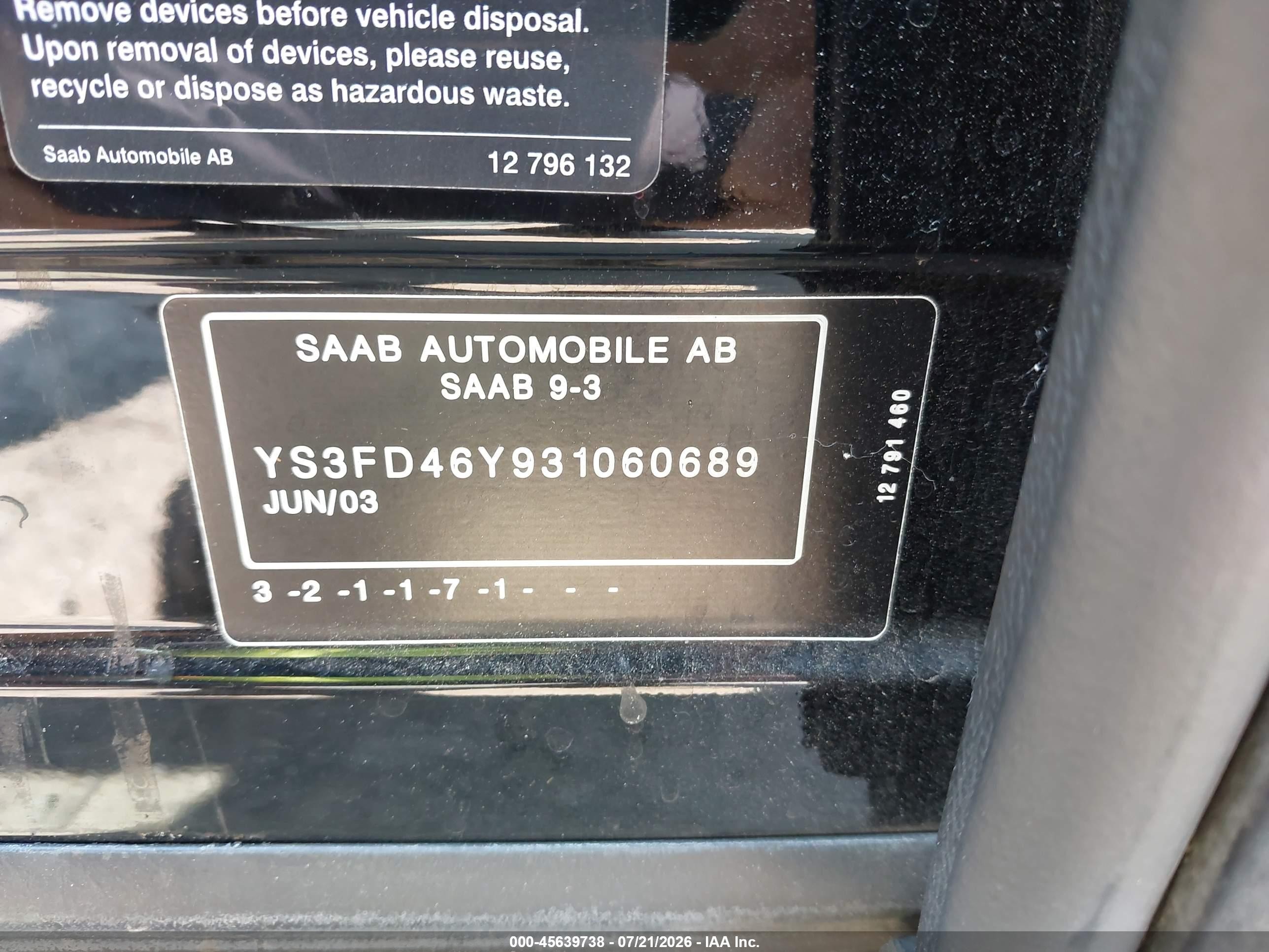 2003 Saab 9-3 Arc Black vin: YS3FD46Y931060689