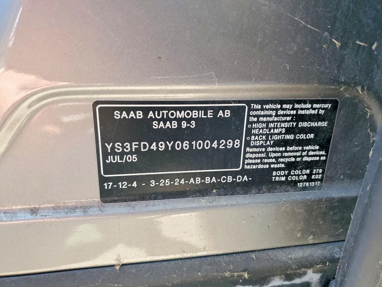 2006 Saab 9-3 Silver vin: YS3FD49Y061004298