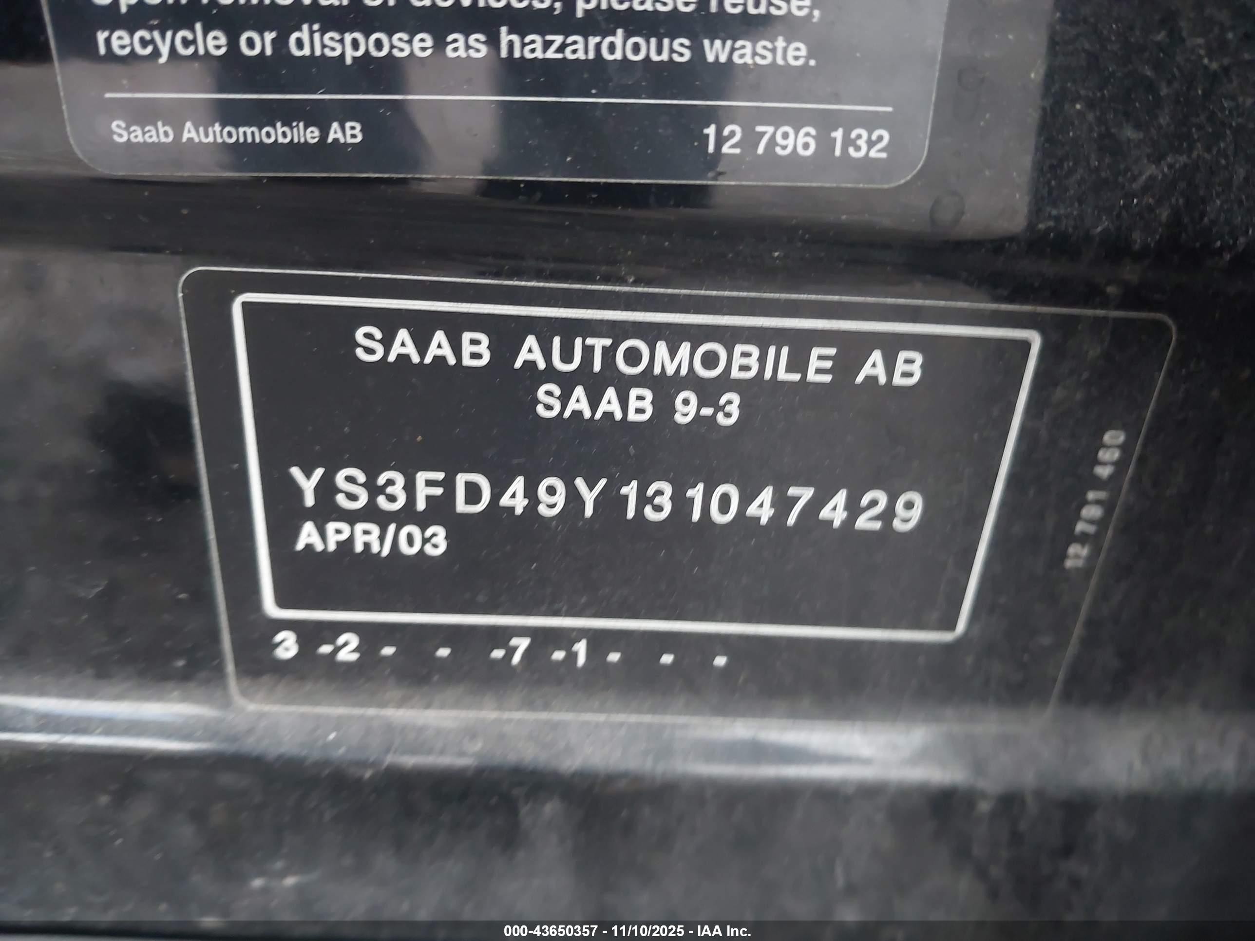 2003 Saab 9-3 Arc Black vin: YS3FD49Y131047429