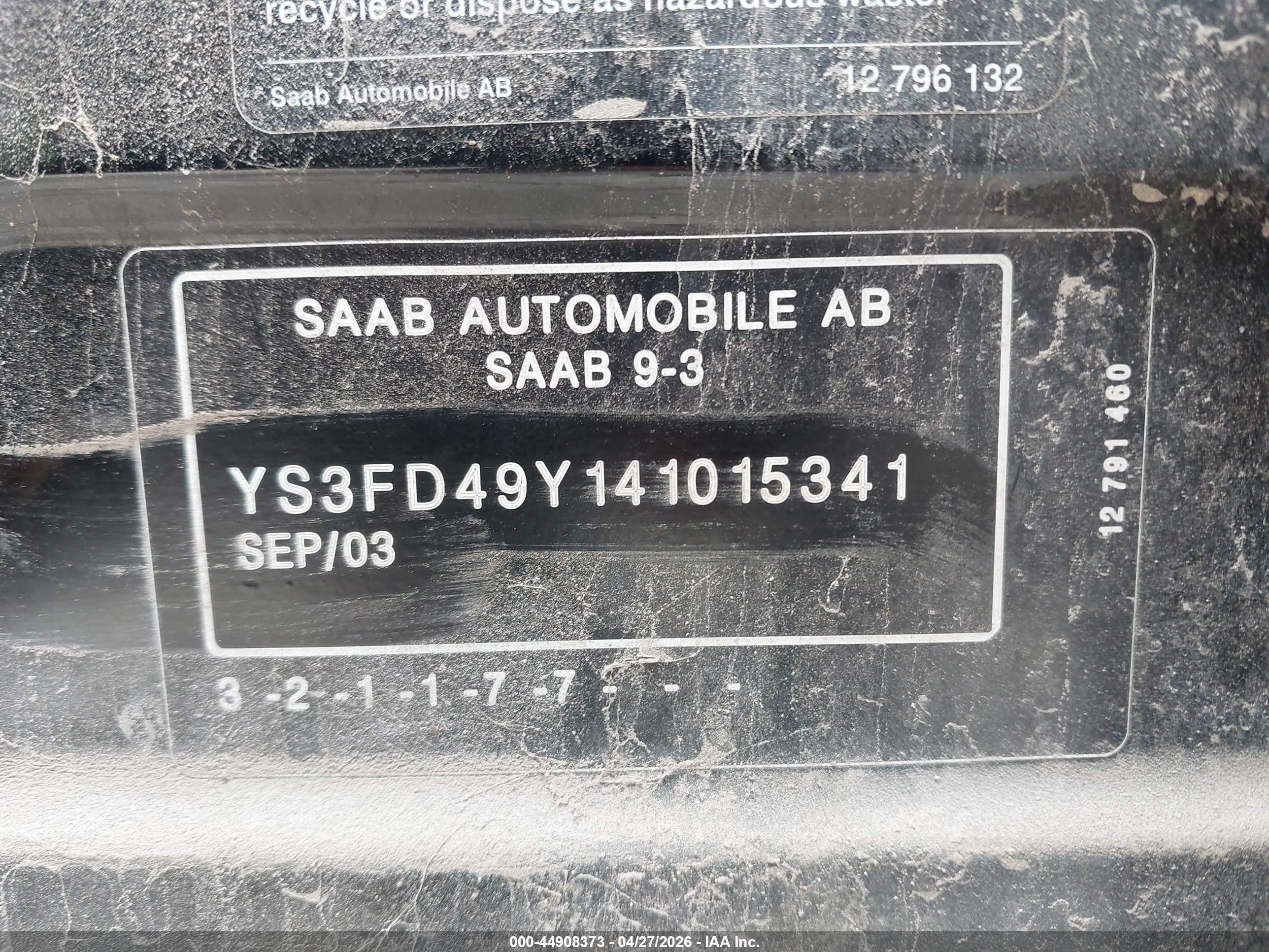 2004 Saab 9-3 Arc Черный vin: YS3FD49Y141015341