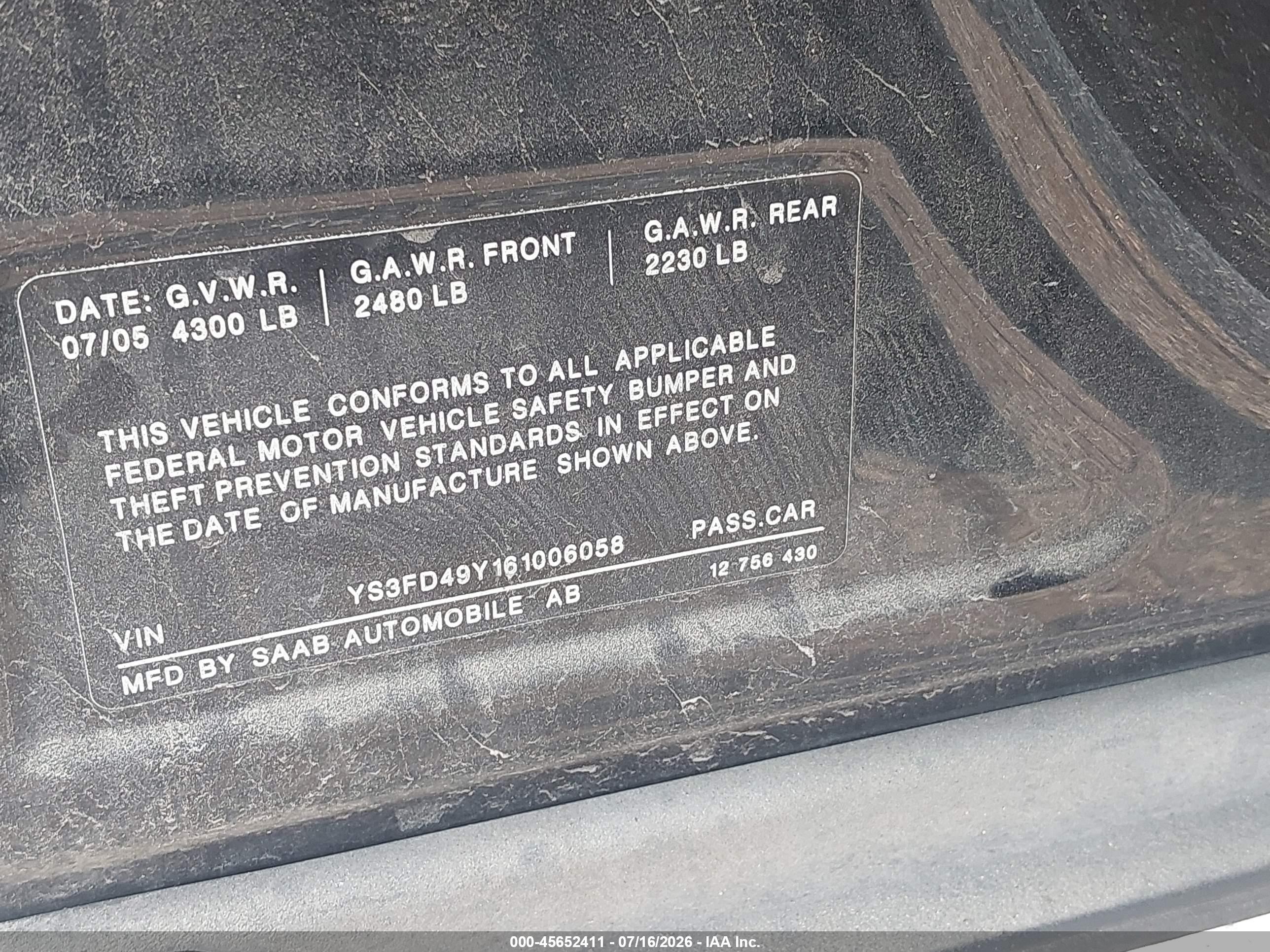2006 Saab 9-3 2.0t Черный vin: YS3FD49Y161006058