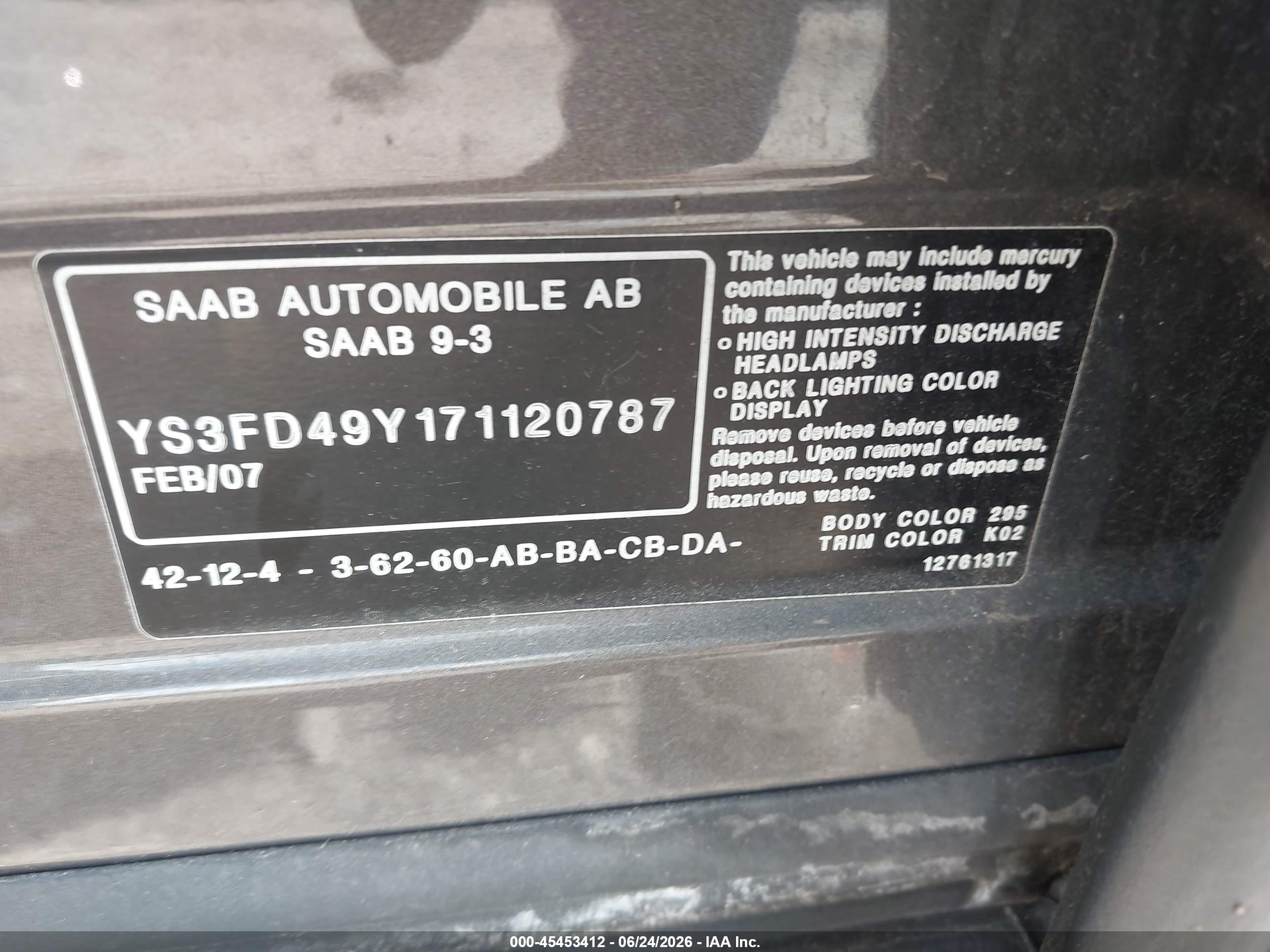 2007 Saab 9-3 2.0t Gray vin: YS3FD49Y171120787
