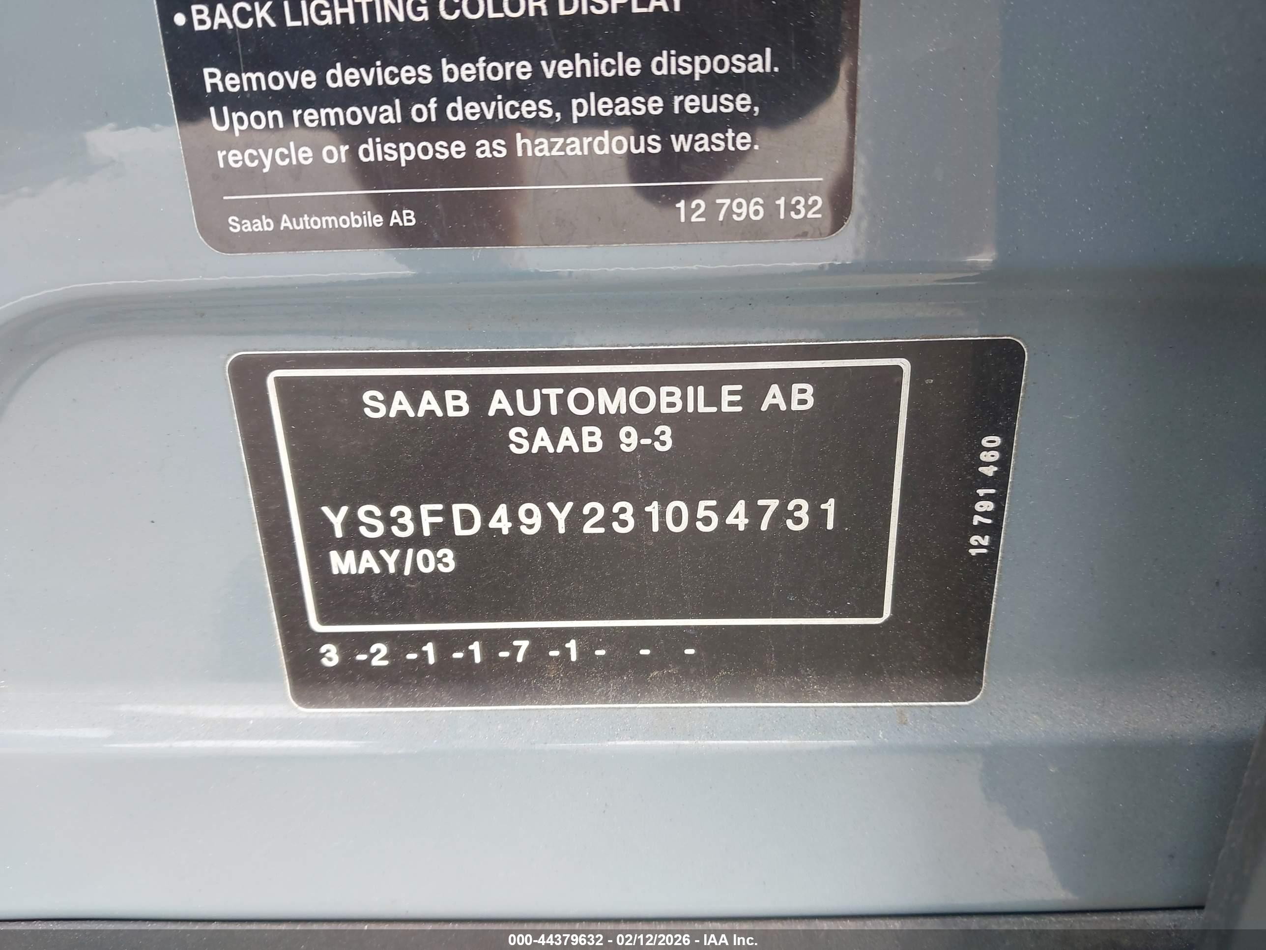 2003 Saab 9-3 Arc Gray vin: YS3FD49Y231054731