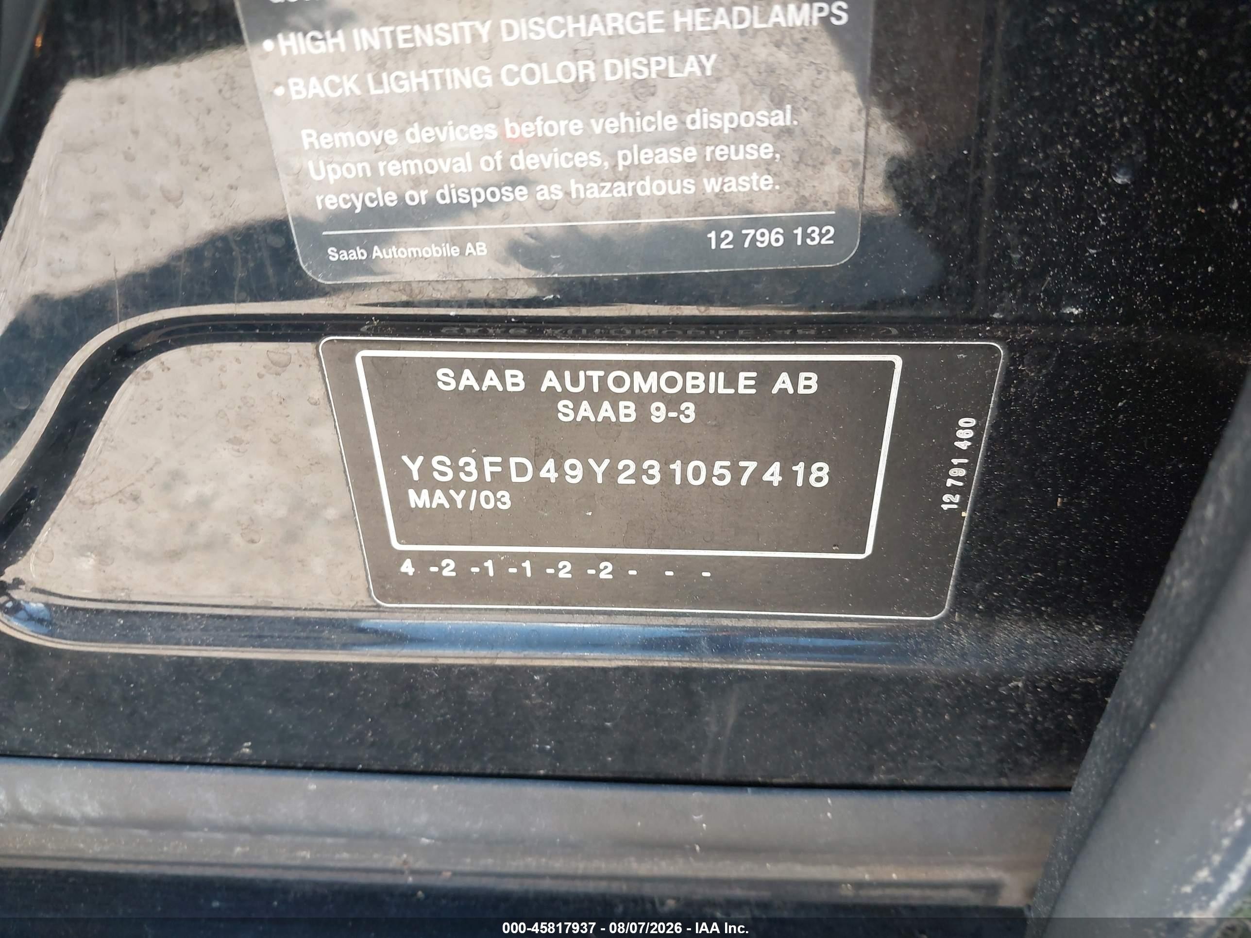 2003 Saab 9-3 Arc Черный vin: YS3FD49Y231057418