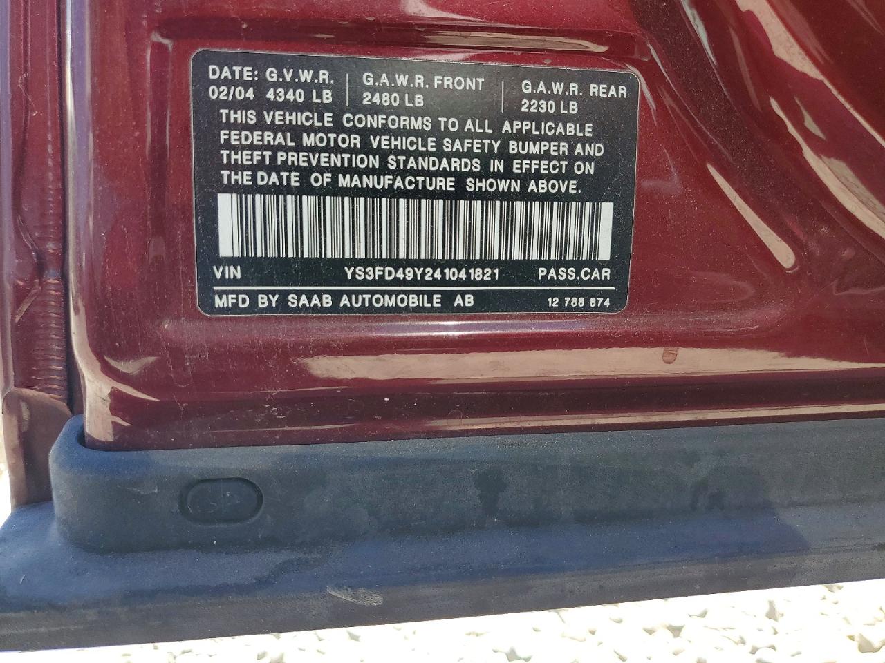 2004 Saab 9-3 Arc Burgundy vin: YS3FD49Y241041821