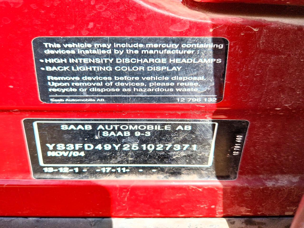 2005 Saab 9-3 Arc Red vin: YS3FD49Y251027371