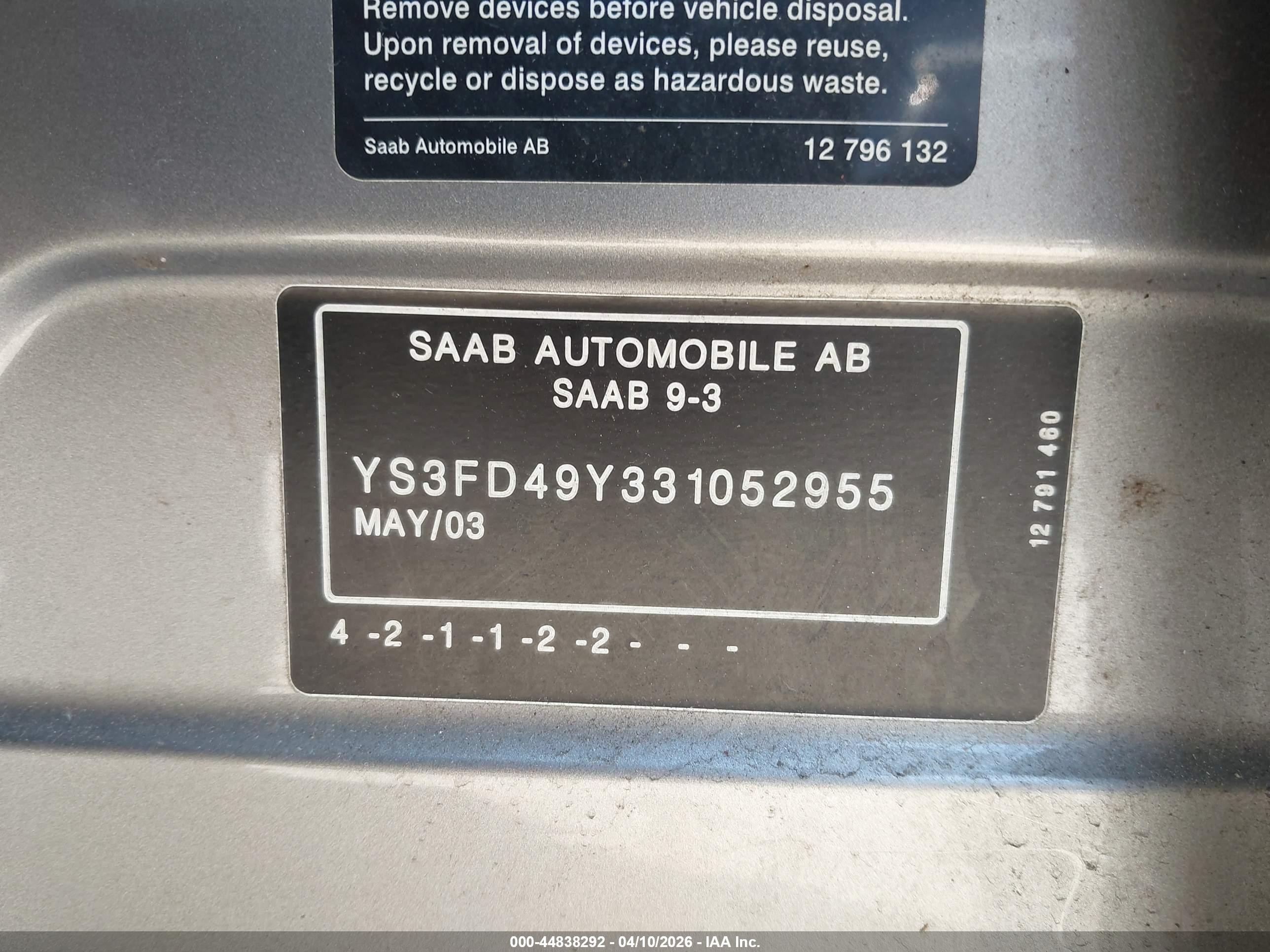 2003 Saab 9-3 Arc Silver vin: YS3FD49Y331052955