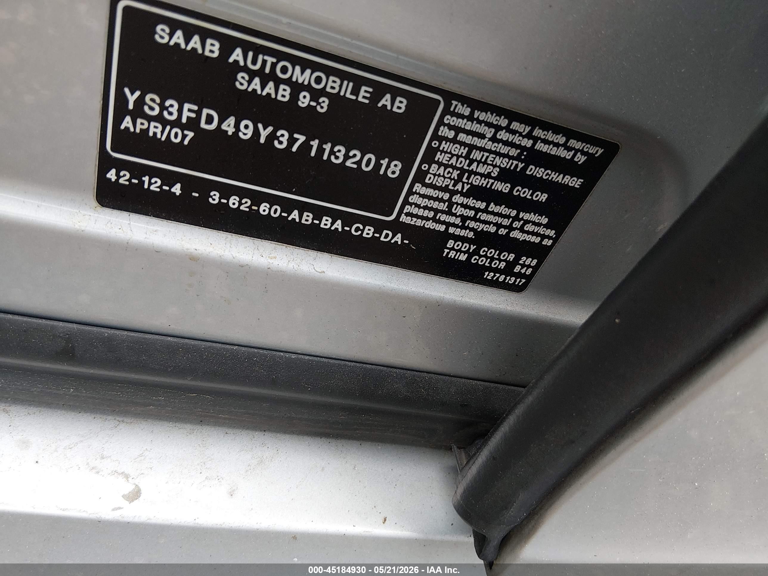 2007 Saab 9-3 2.0t Gray vin: YS3FD49Y371132018