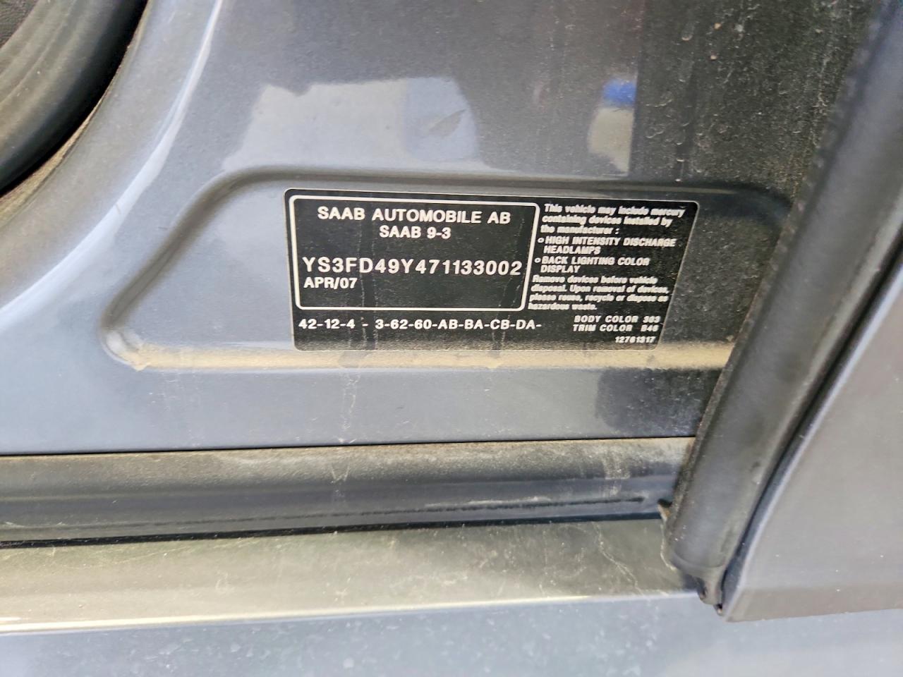 2007 Saab 9-3 2.0t Серый vin: YS3FD49Y471133002