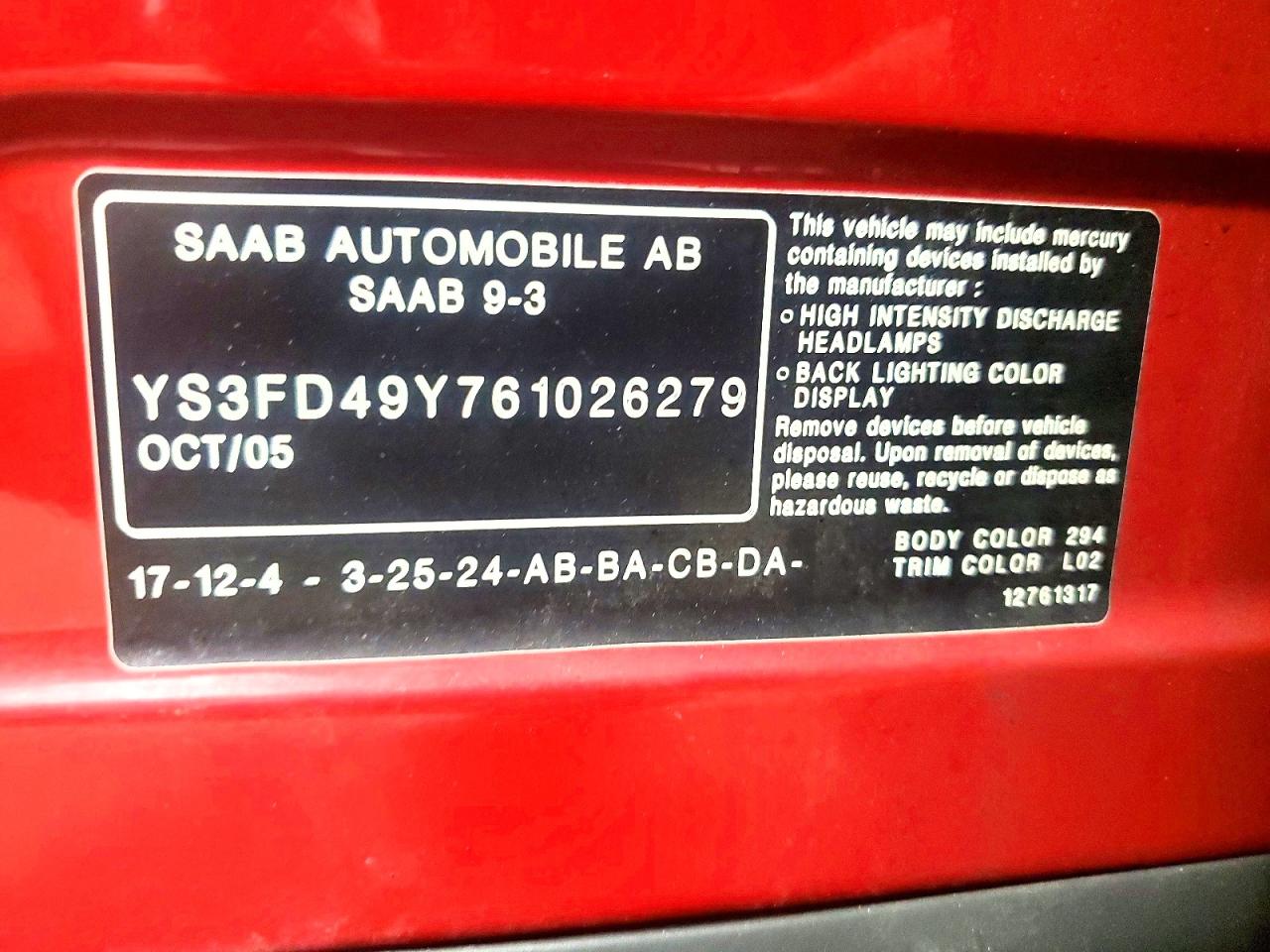 2006 Saab 9-3 Красный vin: YS3FD49Y761026279