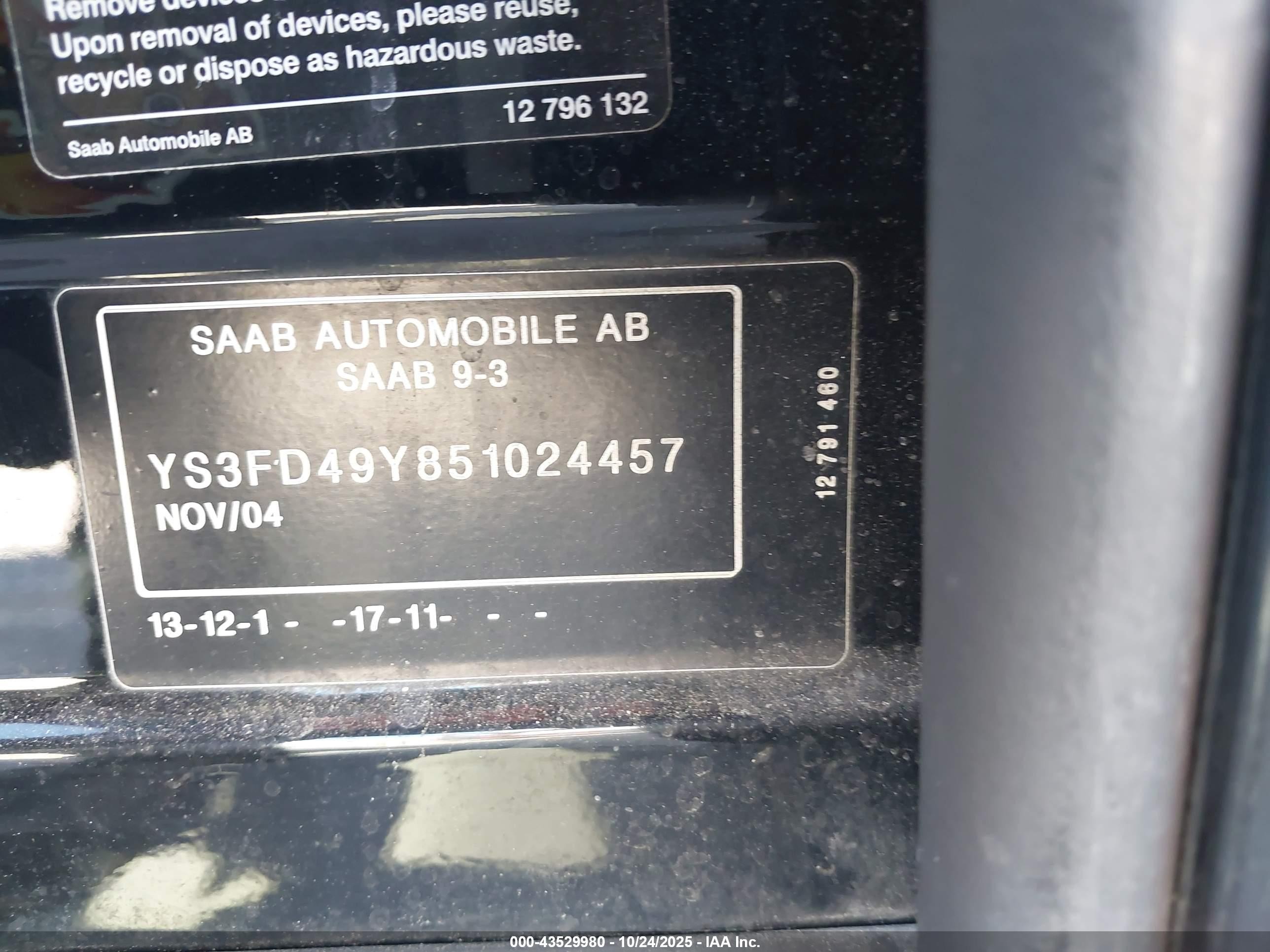 2005 Saab 9-3 Arc Black vin: YS3FD49Y851024457