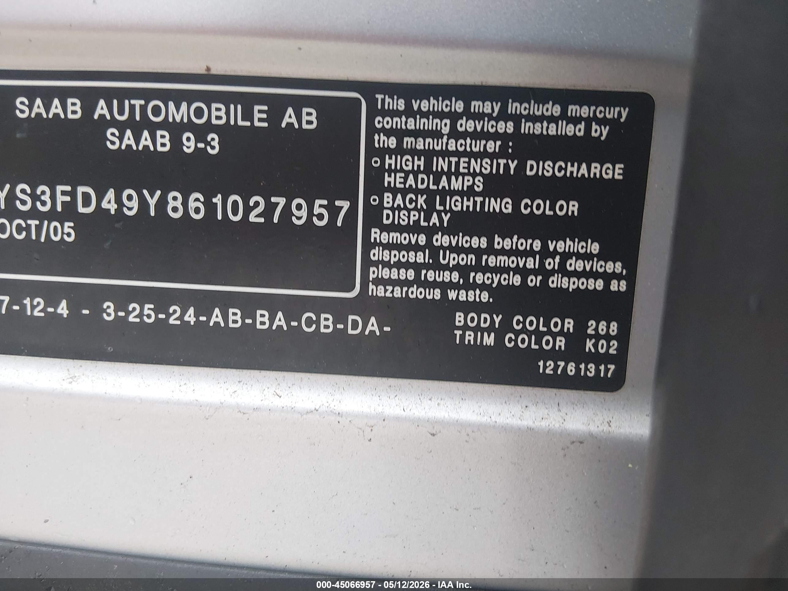 2006 Saab 9-3 2.0t Silver vin: YS3FD49Y861027957