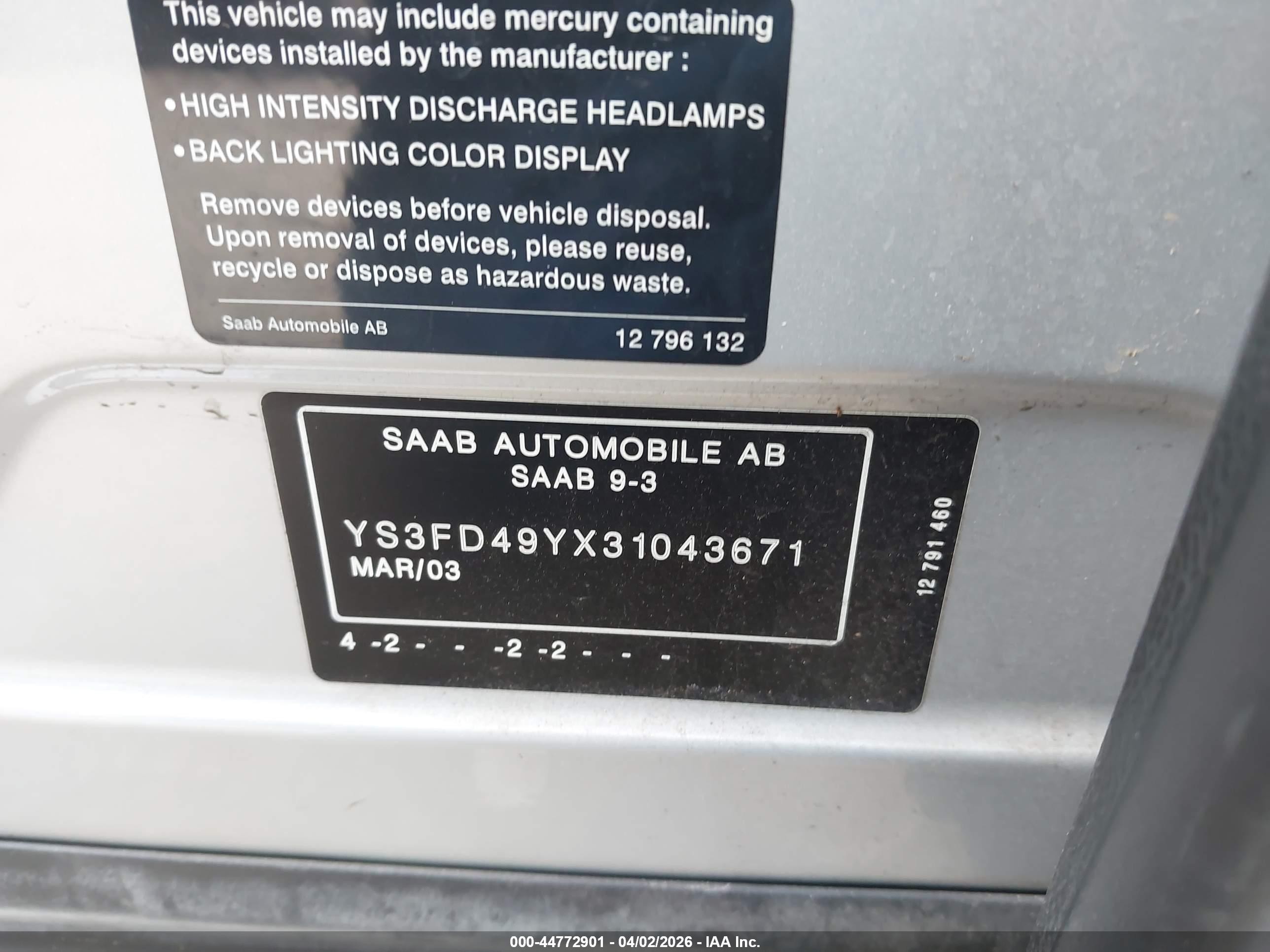 2003 Saab 9-3 Arc Silver vin: YS3FD49YX31043671