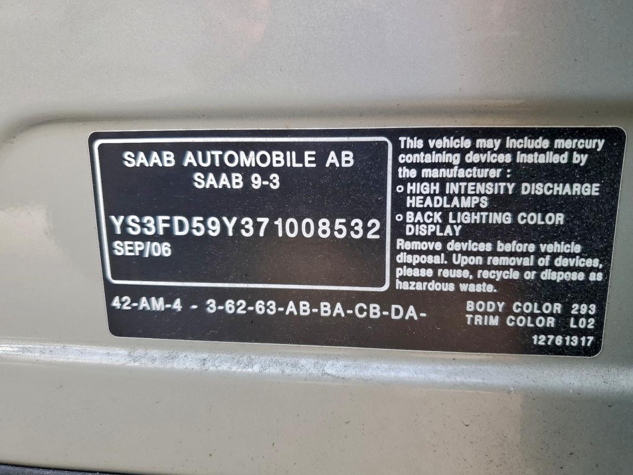 2007 Saab 9-3 2.0t Cream vin: YS3FD59Y371008532