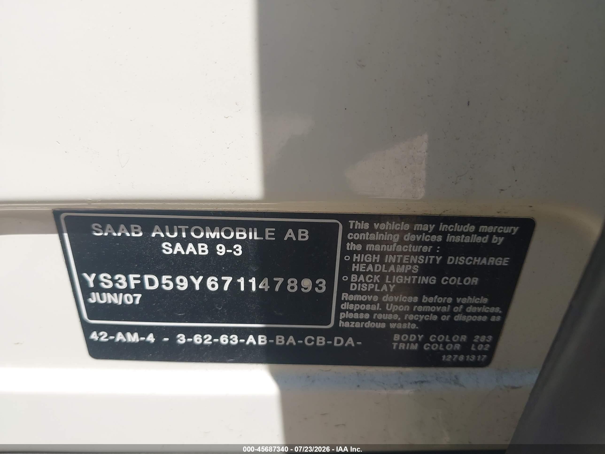 2007 Saab 9-3 2.0t Желто-коричневый vin: YS3FD59Y671147893