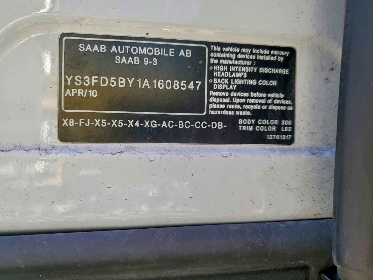 2010 Saab 9-3 2.0t Белый vin: YS3FD5BY1A1608547