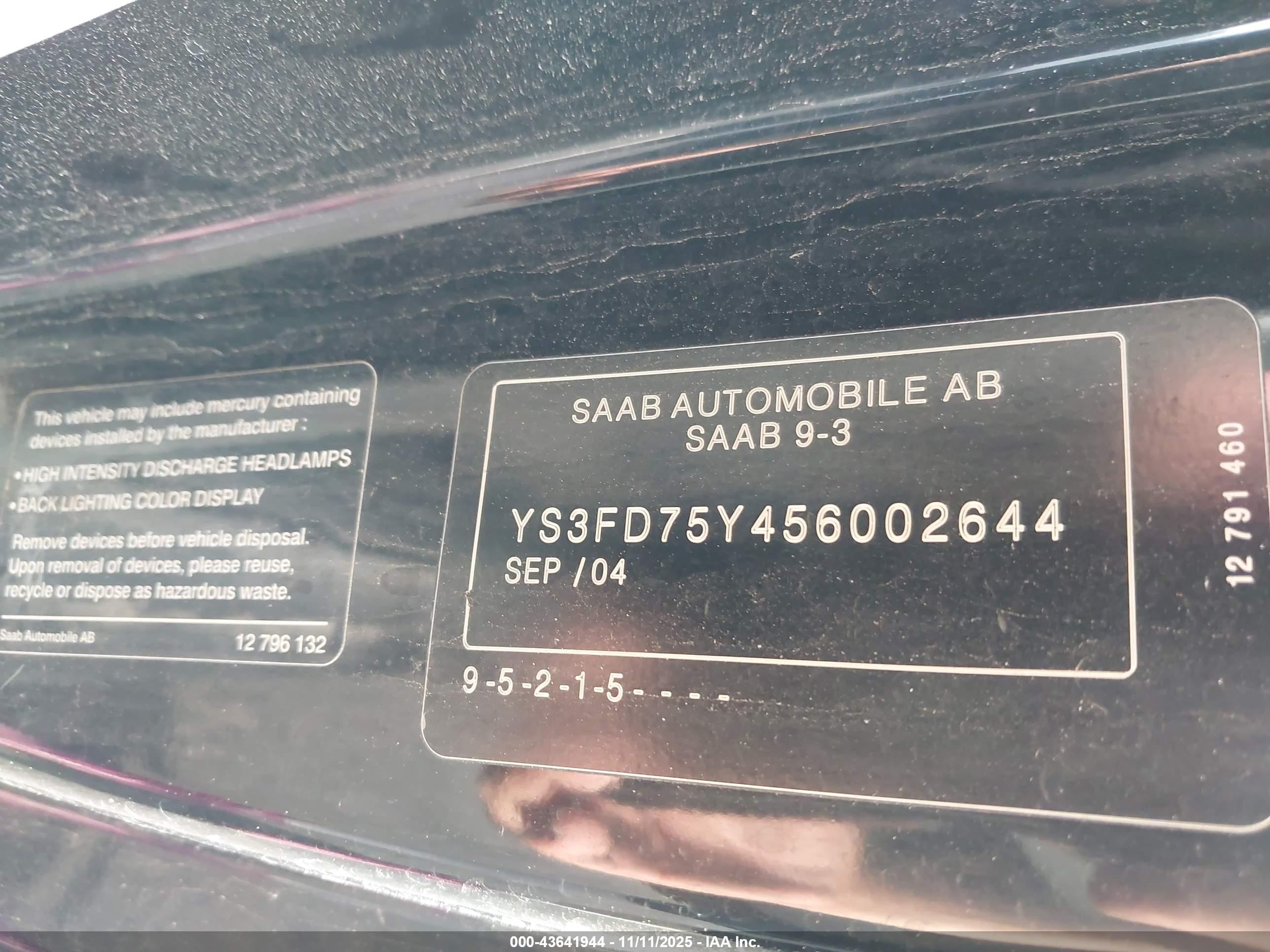 2005 Saab 9-3 Arc Black vin: YS3FD75Y456002644