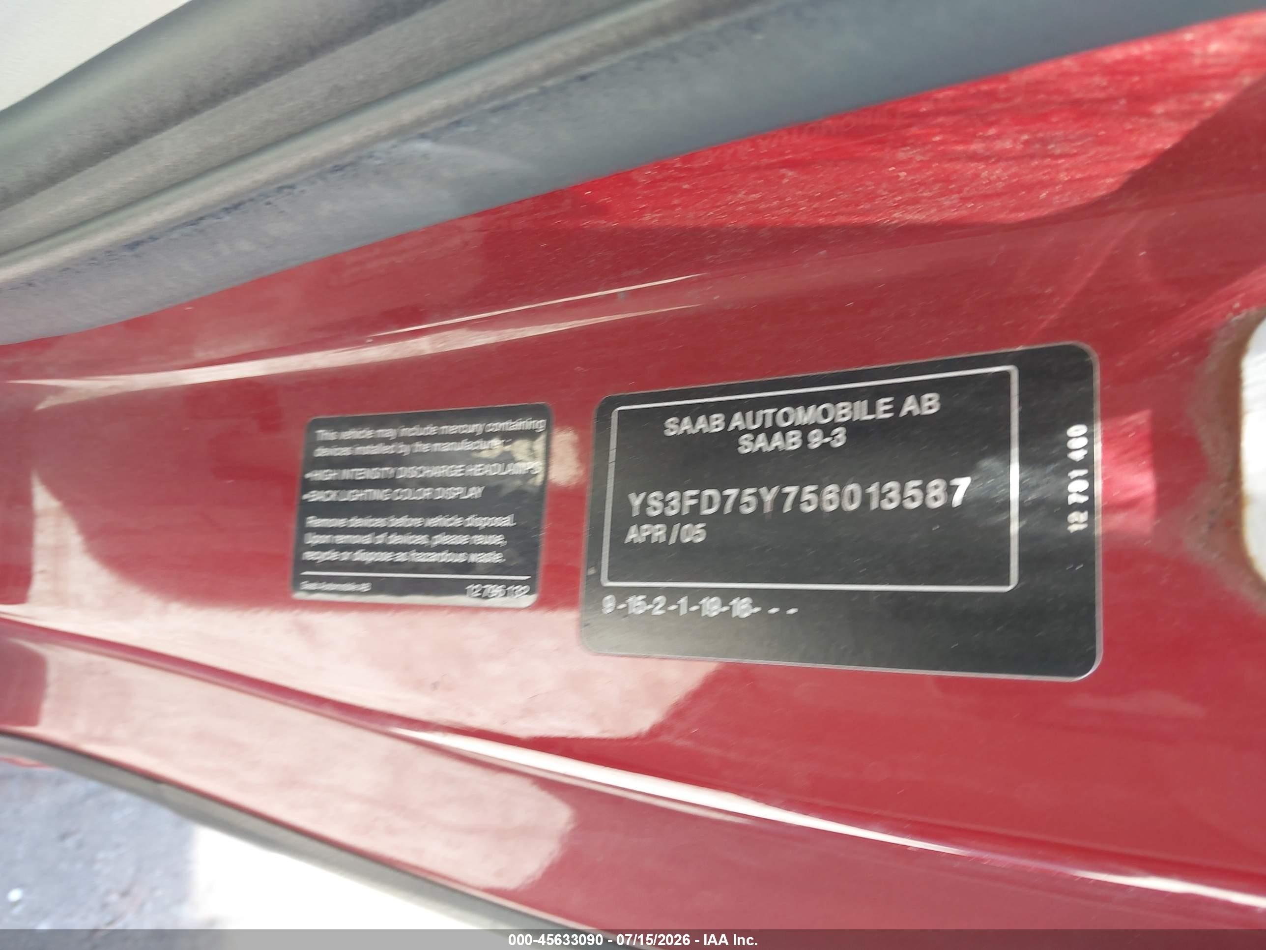 2005 Saab 9-3 Arc Красный vin: YS3FD75Y756013587