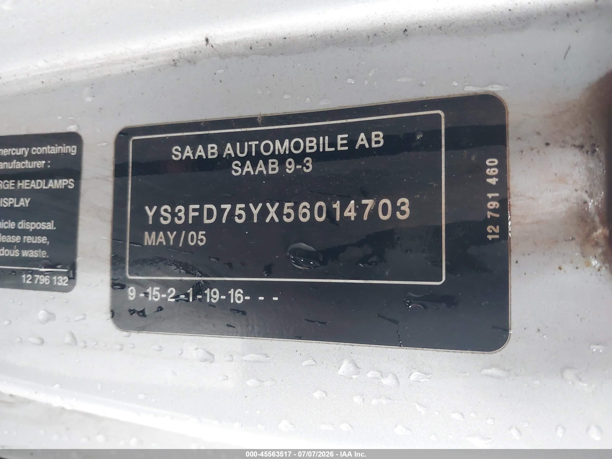 2005 Saab 9-3 Arc Silver vin: YS3FD75YX56014703