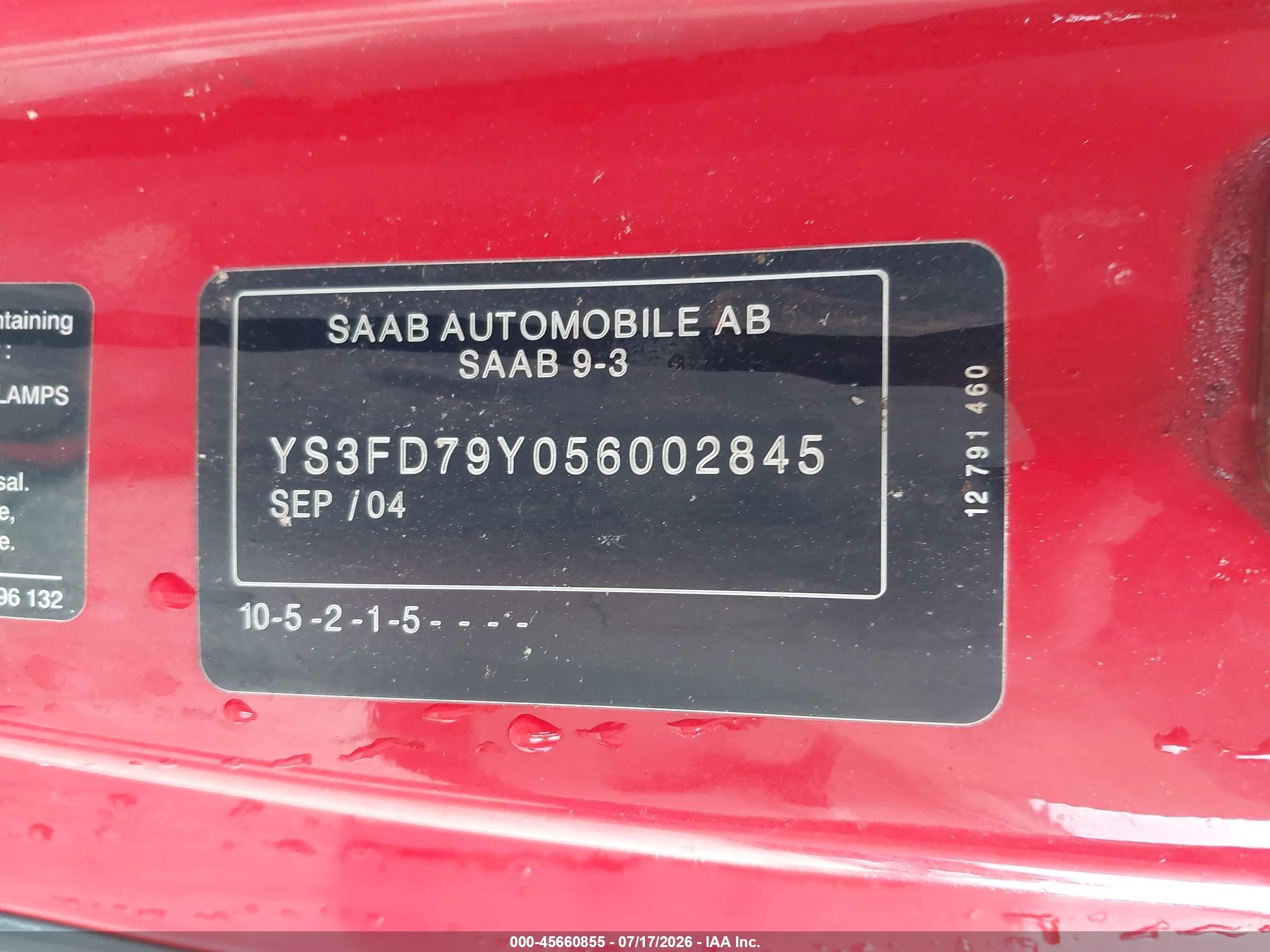 2005 Saab 9-3 Arc Красный vin: YS3FD79Y056002845