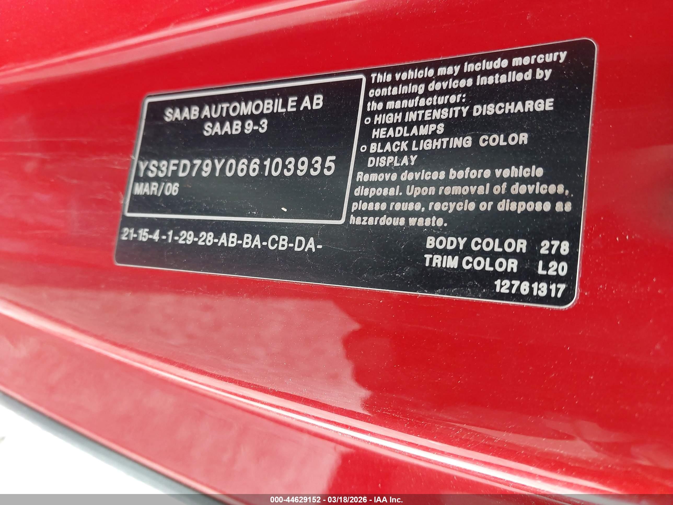 2006 Saab 9-3 2.0t Red vin: YS3FD79Y066103935