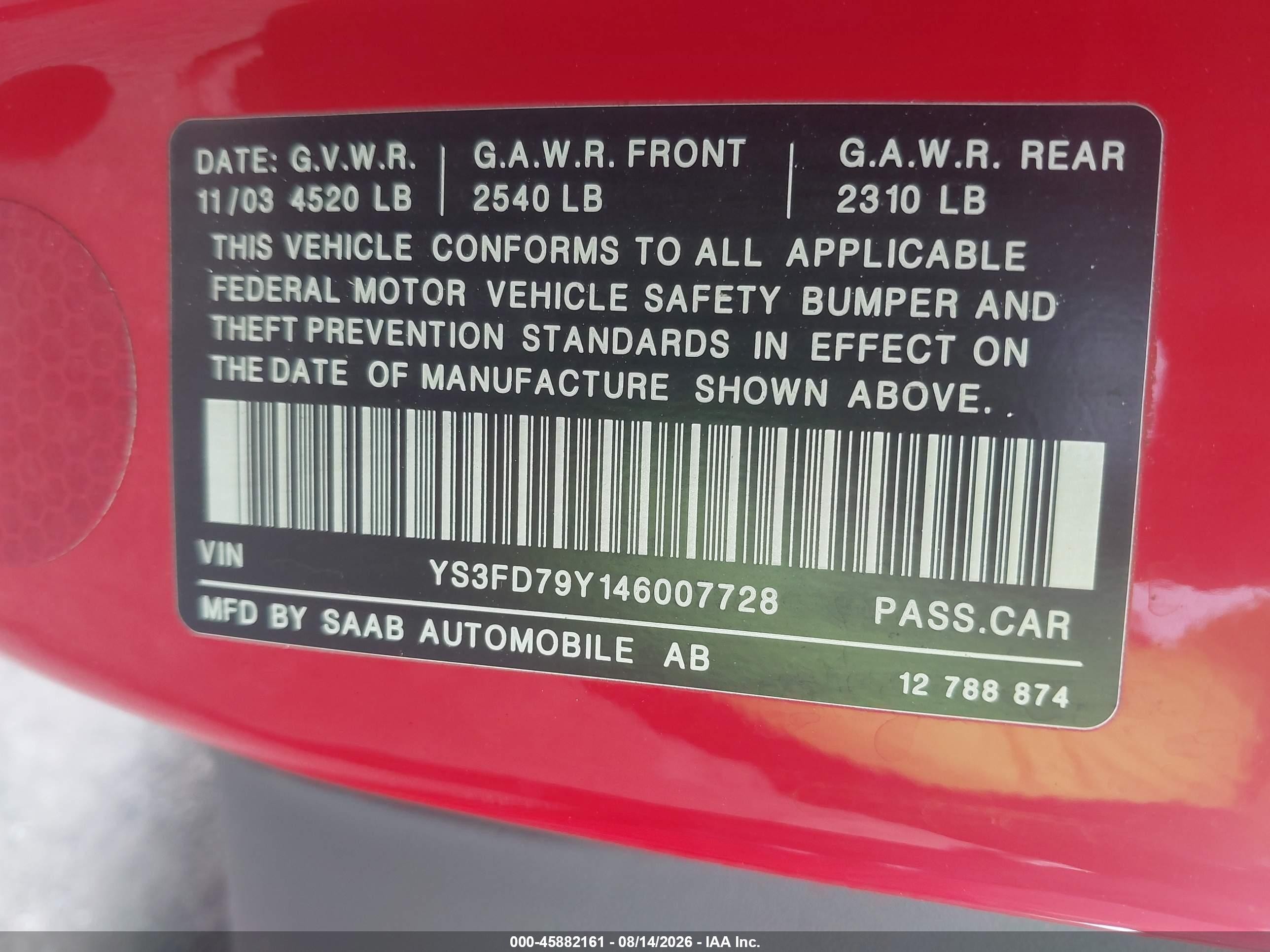 2004 Saab 9-3 Arc Красный vin: YS3FD79Y146007728
