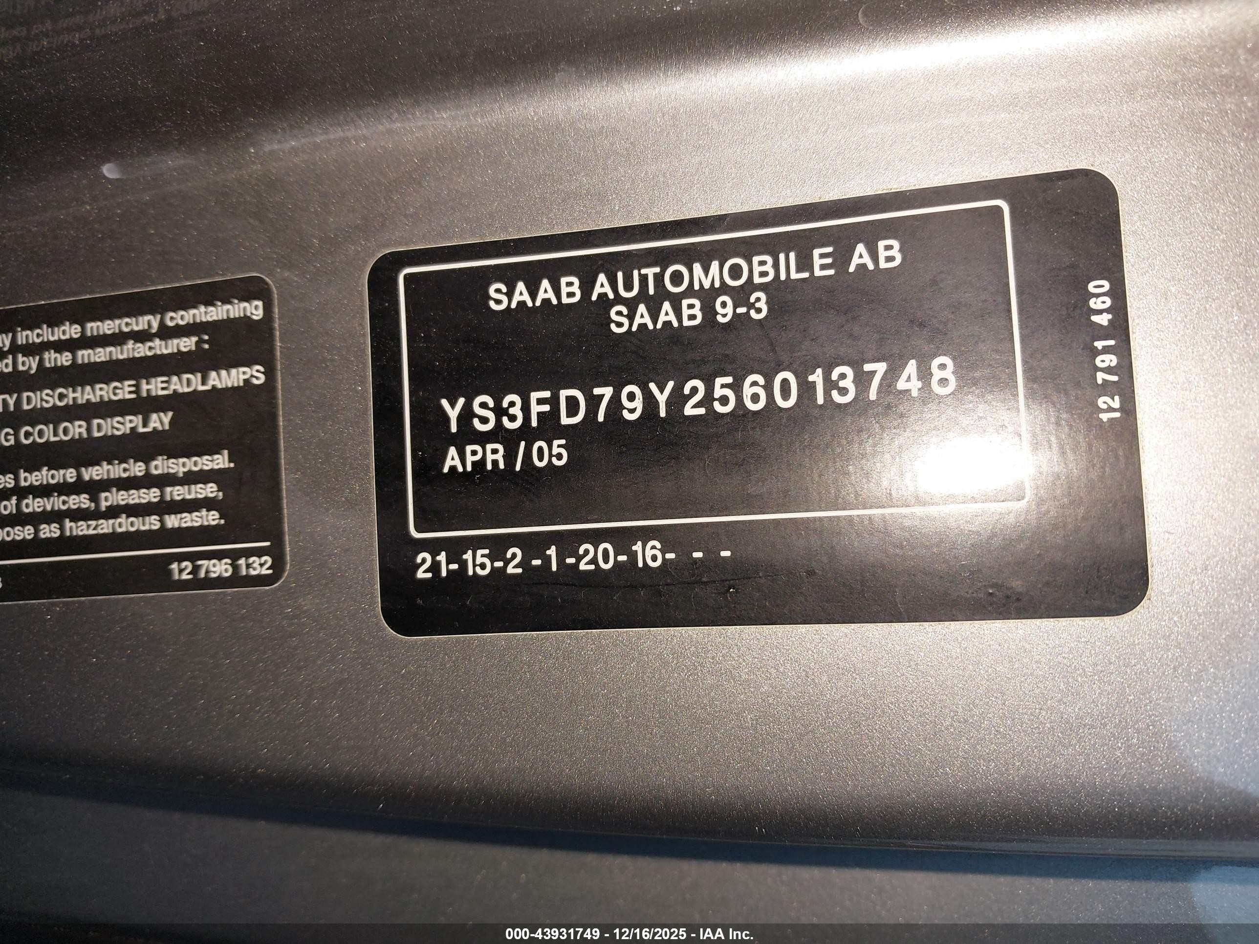 2005 Saab 9-3 Arc Gray vin: YS3FD79Y256013748