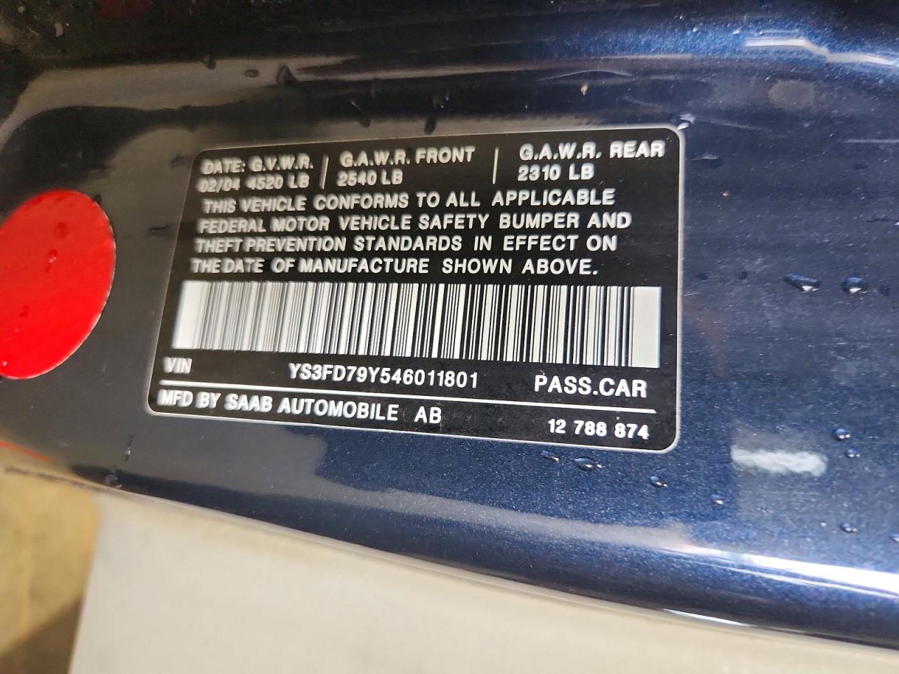 2004 Saab 9-3 Arc Синий vin: YS3FD79Y546011801