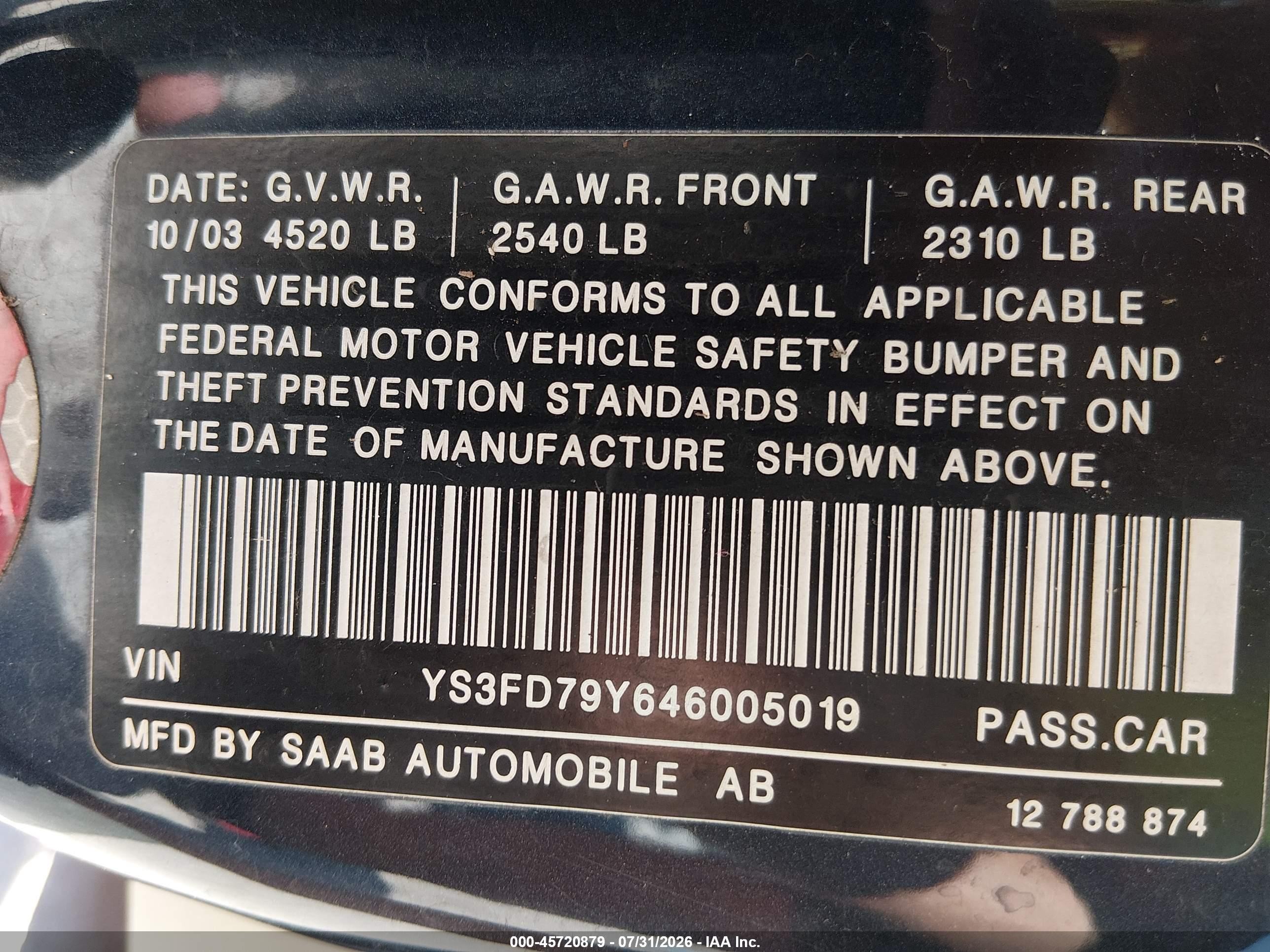 2004 Saab 9-3 Arc Синий vin: YS3FD79Y646005019