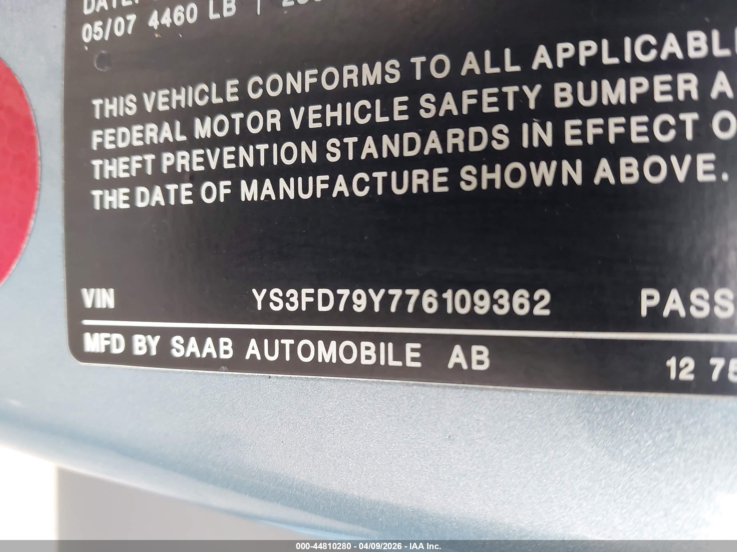 2007 Saab 9-3 2.0t Синий vin: YS3FD79Y776109362