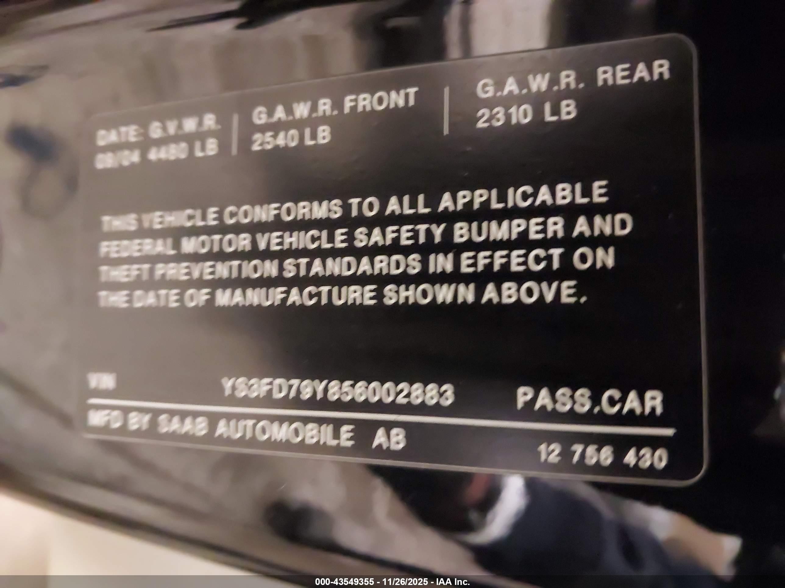 2005 Saab 9-3 Arc Черный vin: YS3FD79Y856002883