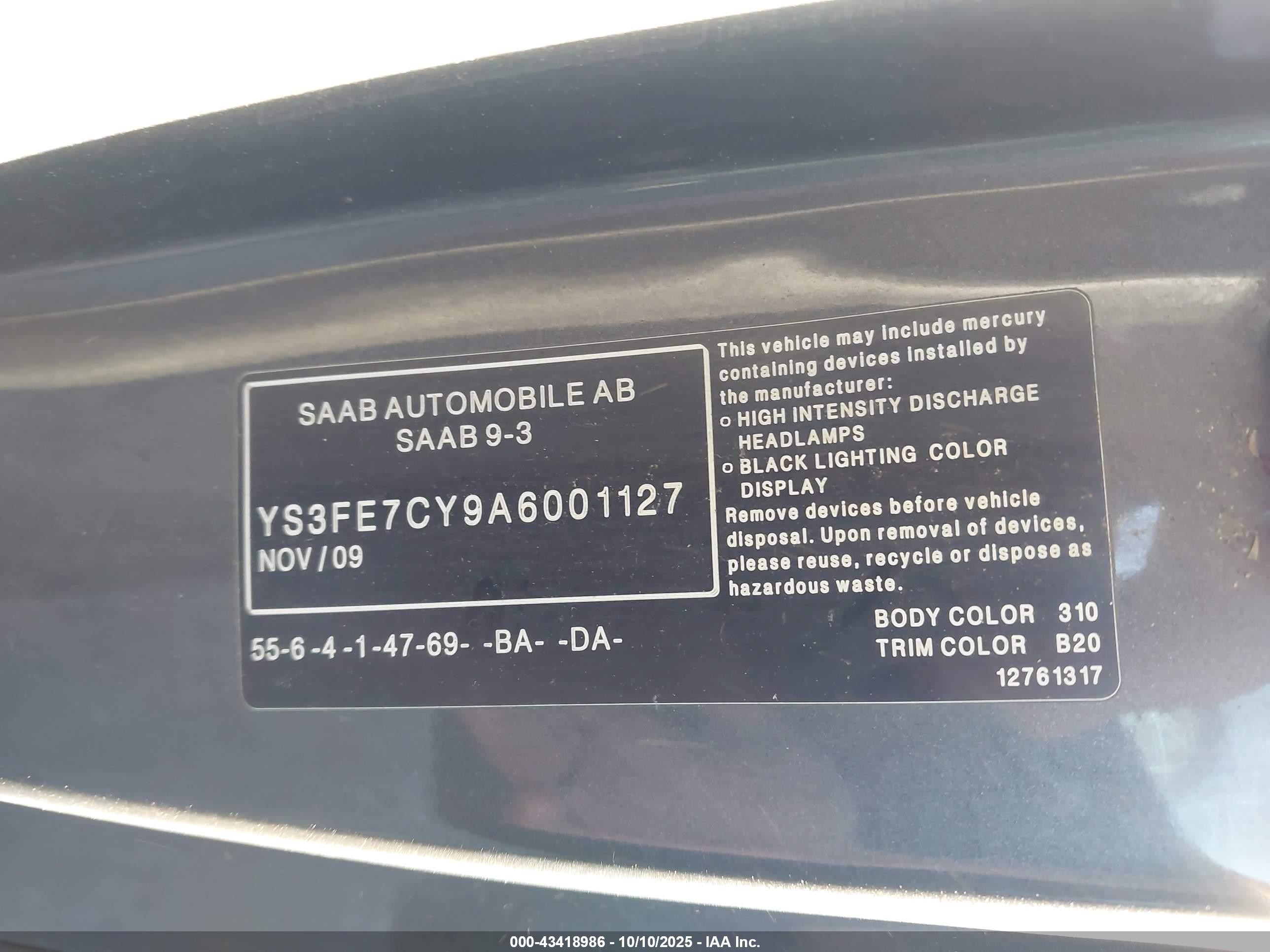 2010 Saab 9-3   Gray vin: YS3FE7CY9A6001127