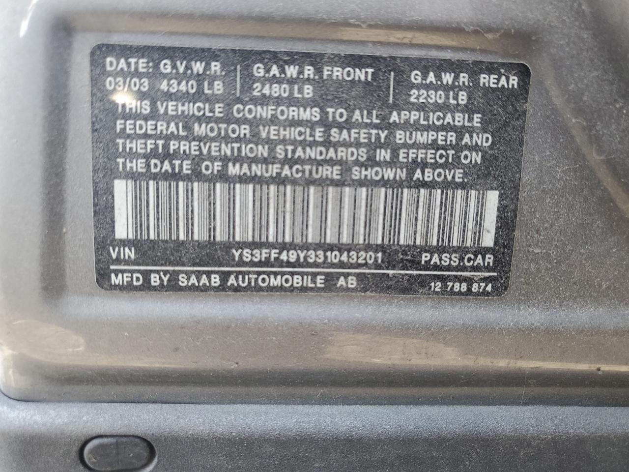 2003 Saab 9-3 Vector Silver vin: YS3FF49Y331043201