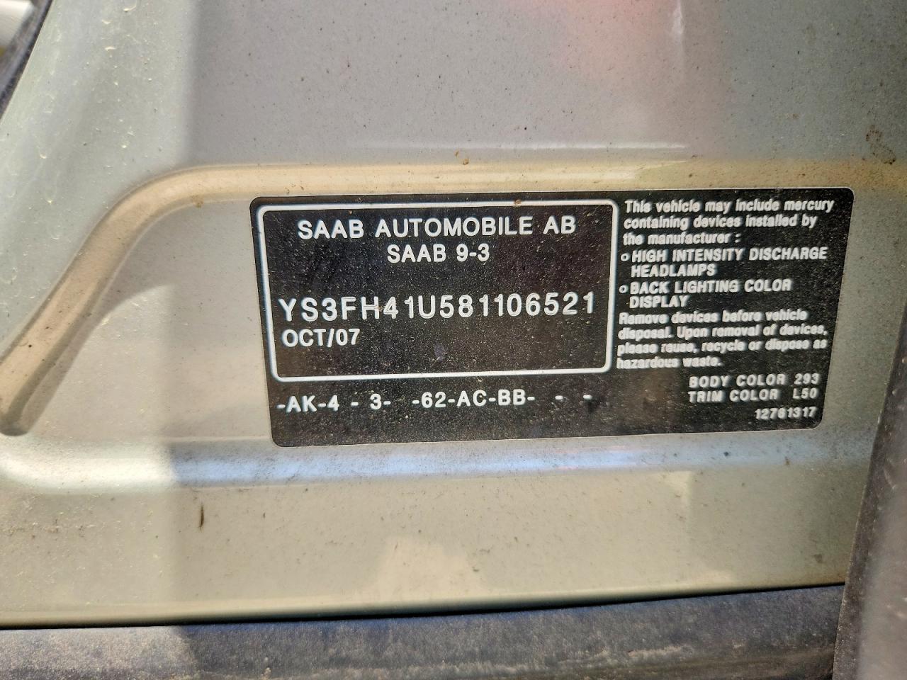 2008 Saab 9-3 Aero Beige vin: YS3FH41U581106521
