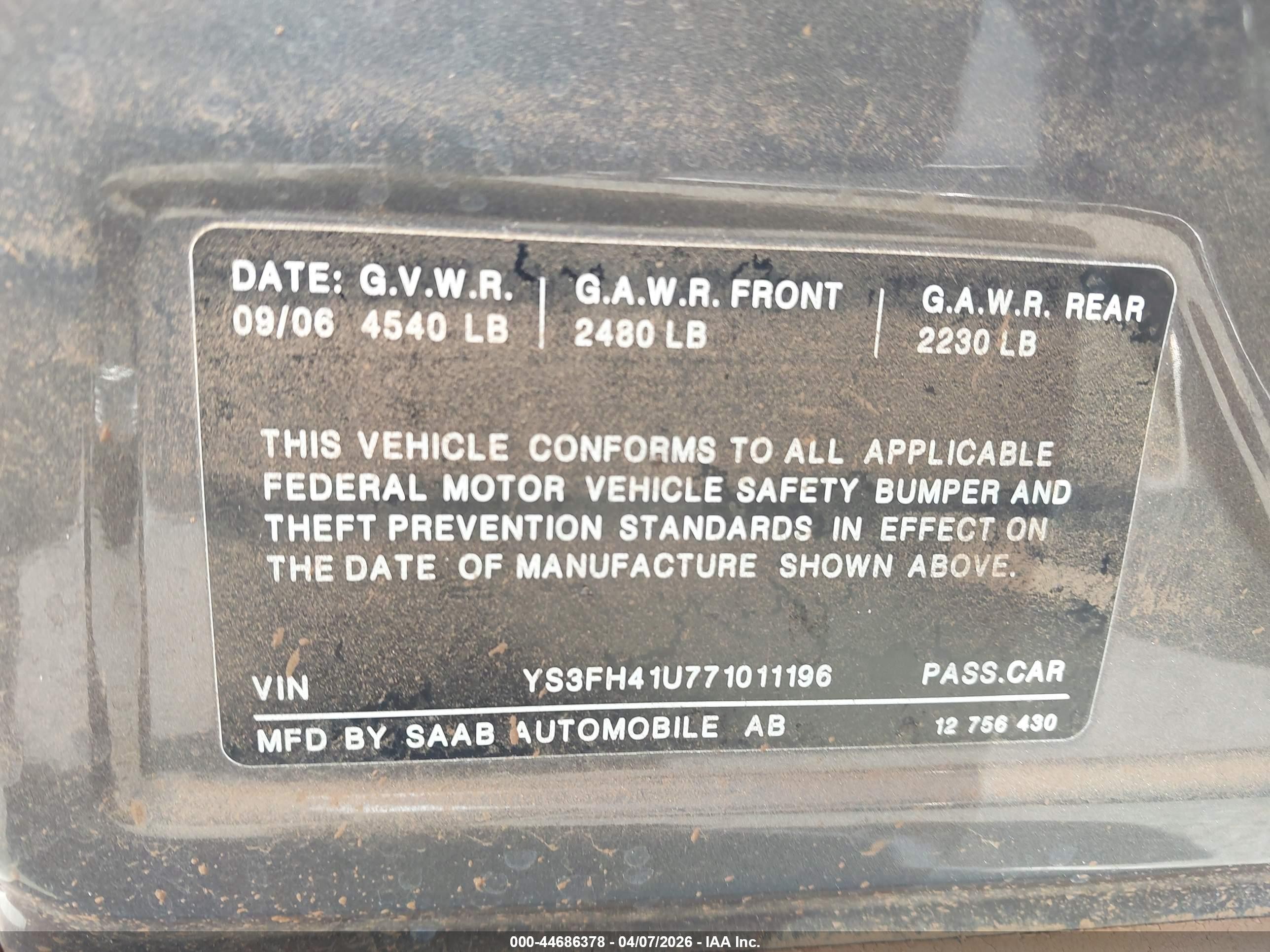 2007 Saab 9-3 Aero Серый vin: YS3FH41U771011196