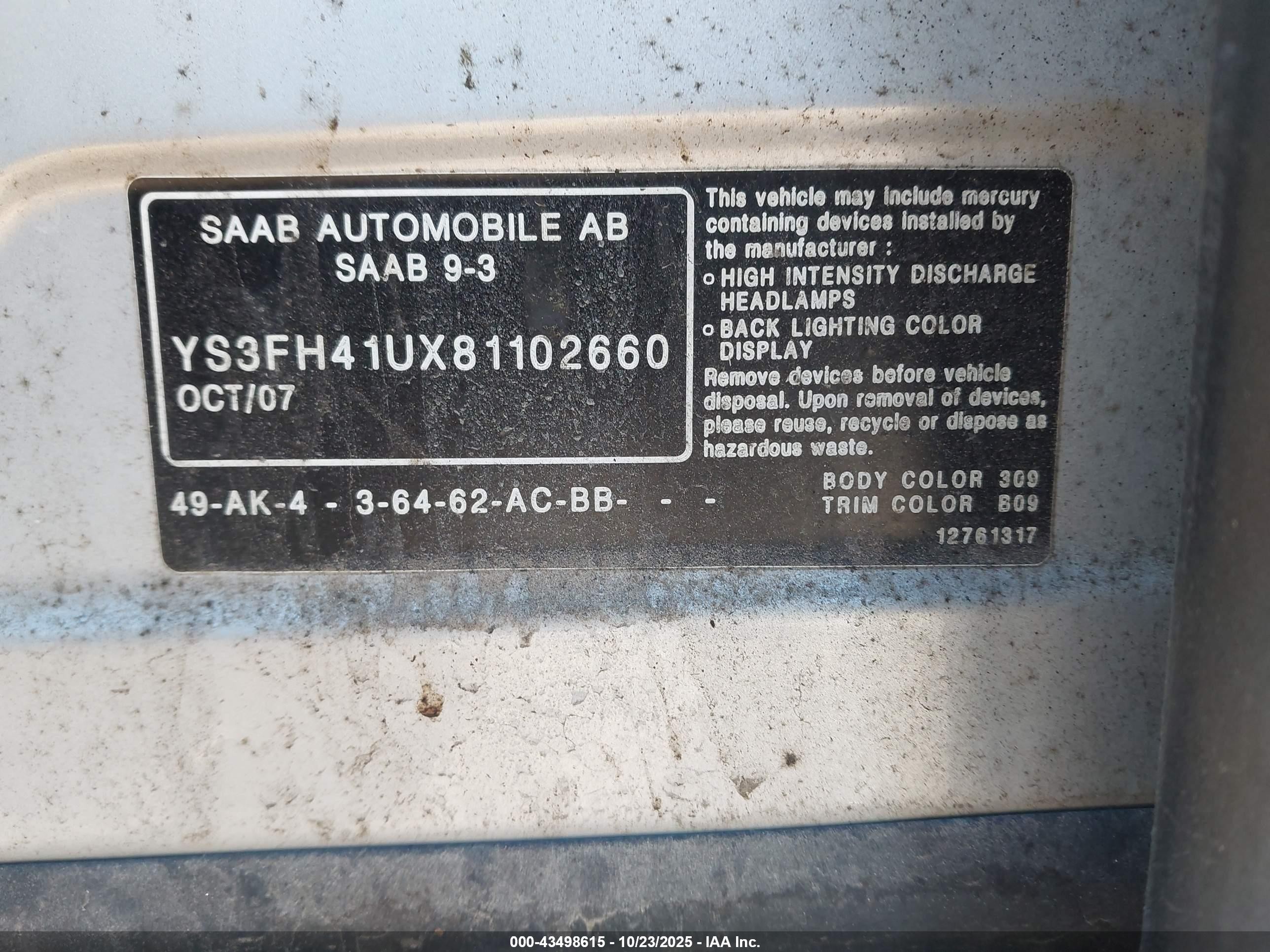2008 Saab 9-3 Aero Gray vin: YS3FH41UX81102660