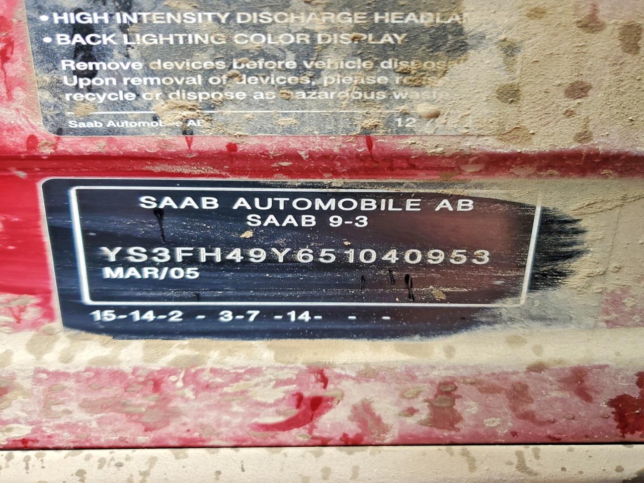 2005 Saab 9-3 Aero Red vin: YS3FH49Y651040953