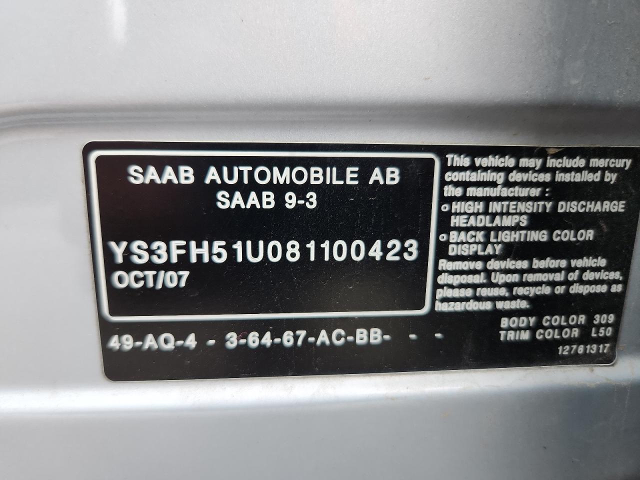 2008 Saab 9-3 Aero Silver vin: YS3FH51U081100423