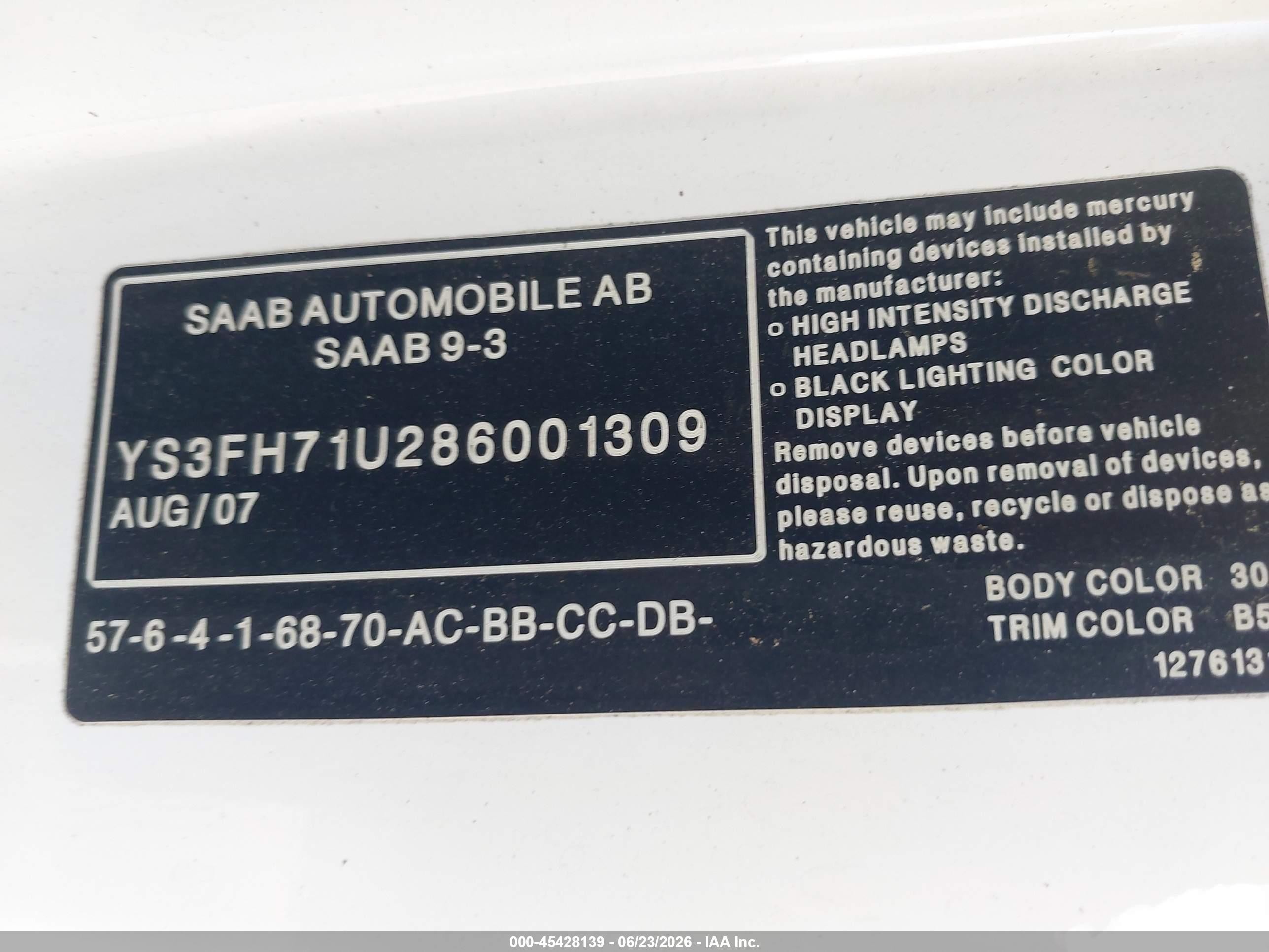 2008 Saab 9-3 Aero White vin: YS3FH71U286001309