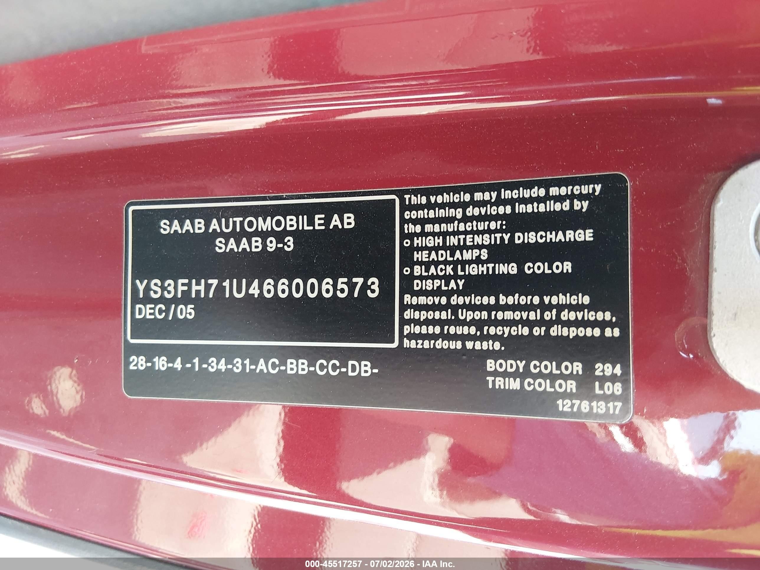 2006 Saab 9-3 Aero Красный vin: YS3FH71U466006573