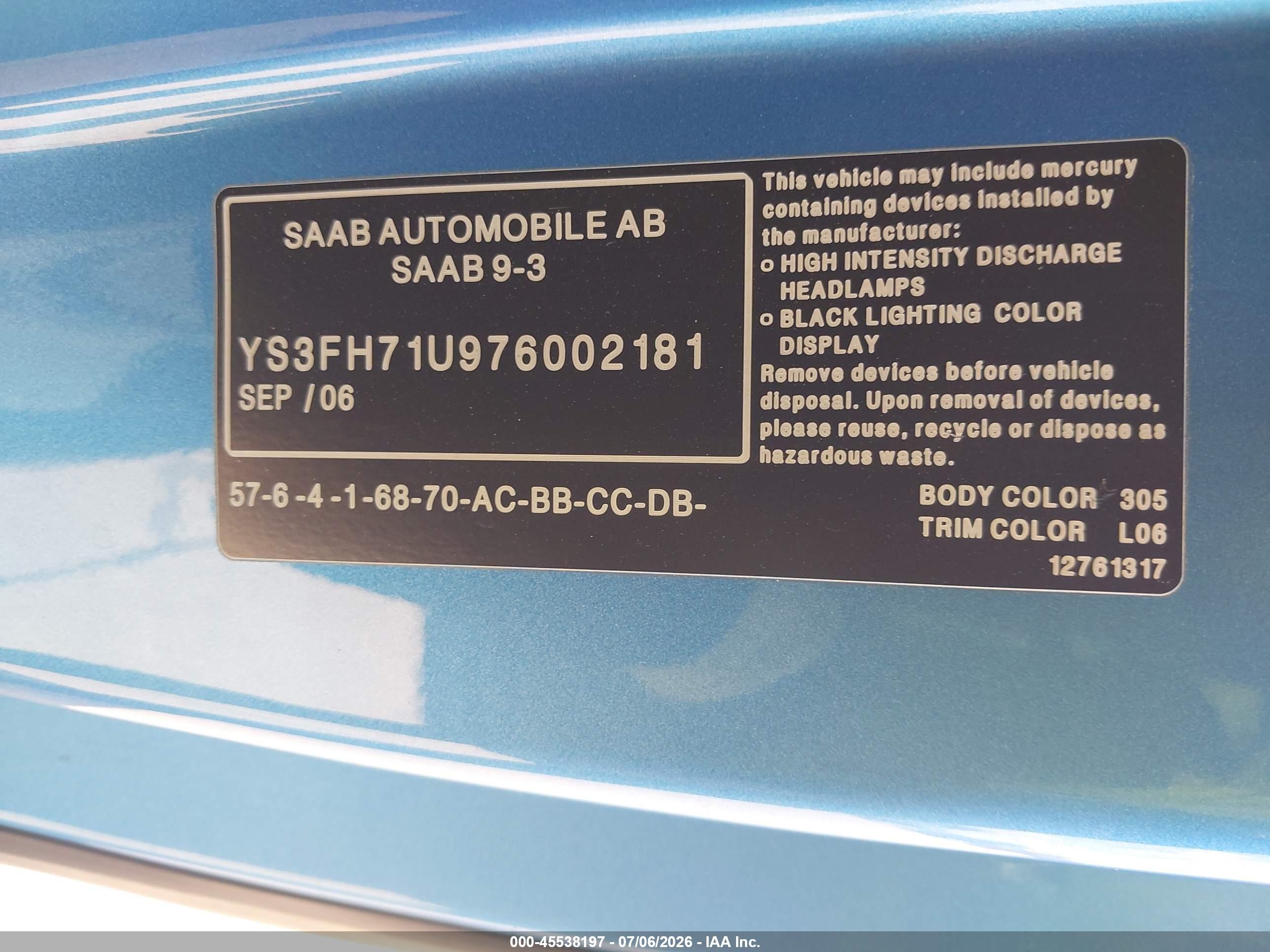 2007 Saab 9-3 Aero Синий vin: YS3FH71U976002181