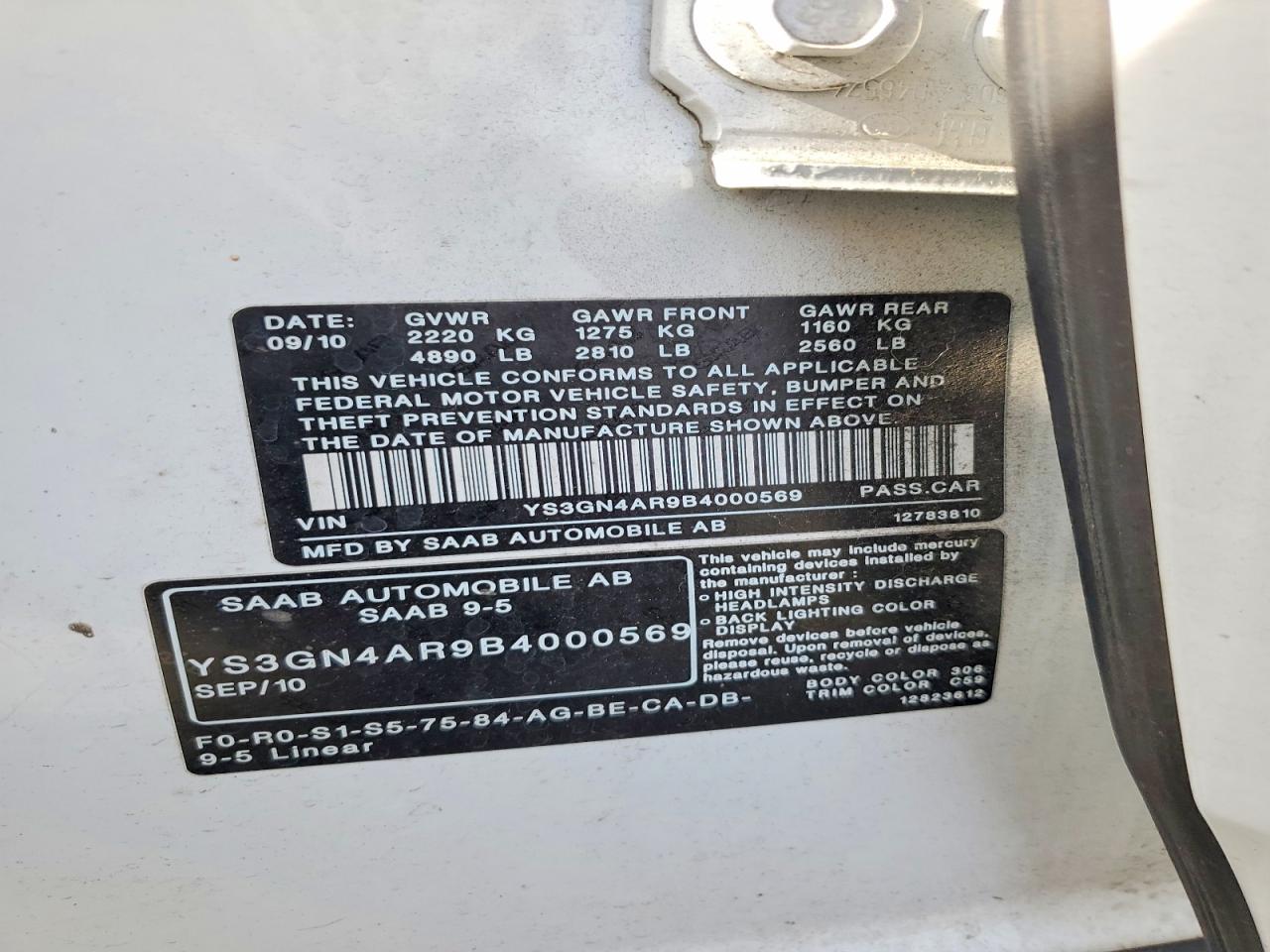 2011 Saab 9-5 Turbo Белый vin: YS3GN4AR9B4000569
