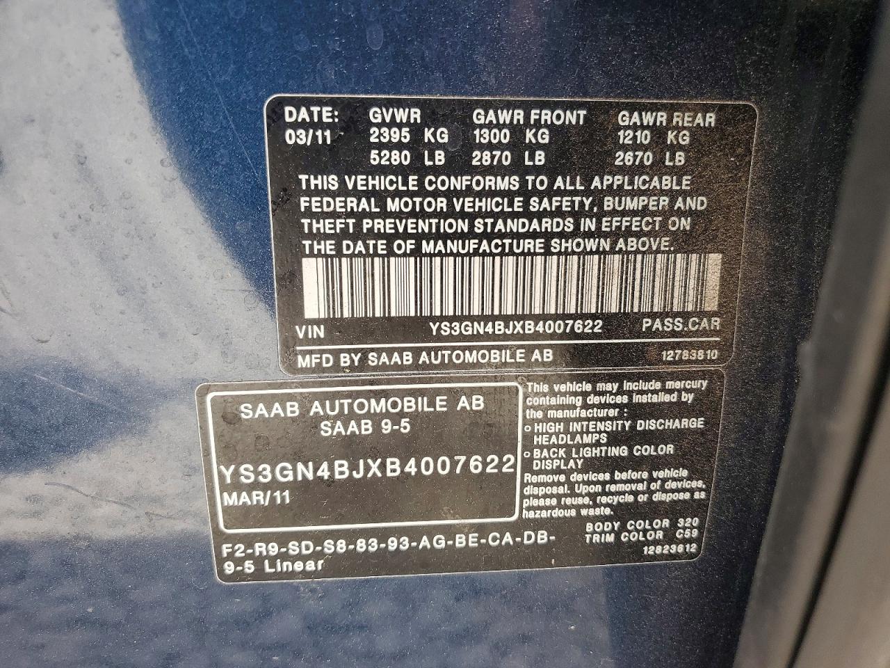 2011 Saab 9-5 Turbo Blue vin: YS3GN4BJXB4007622