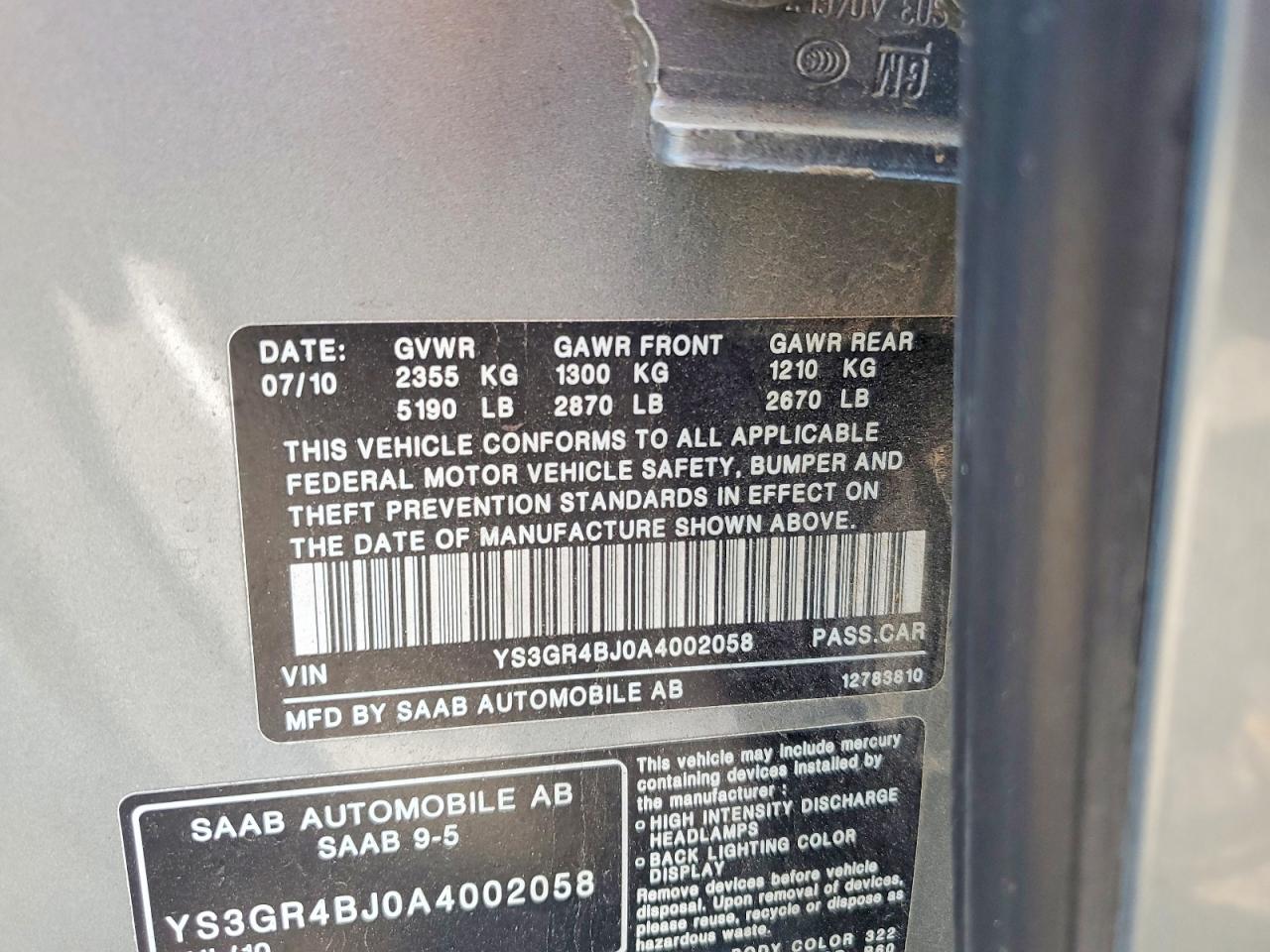2010 Saab 9-5 Aero Серебряный vin: YS3GR4BJ0A4002058