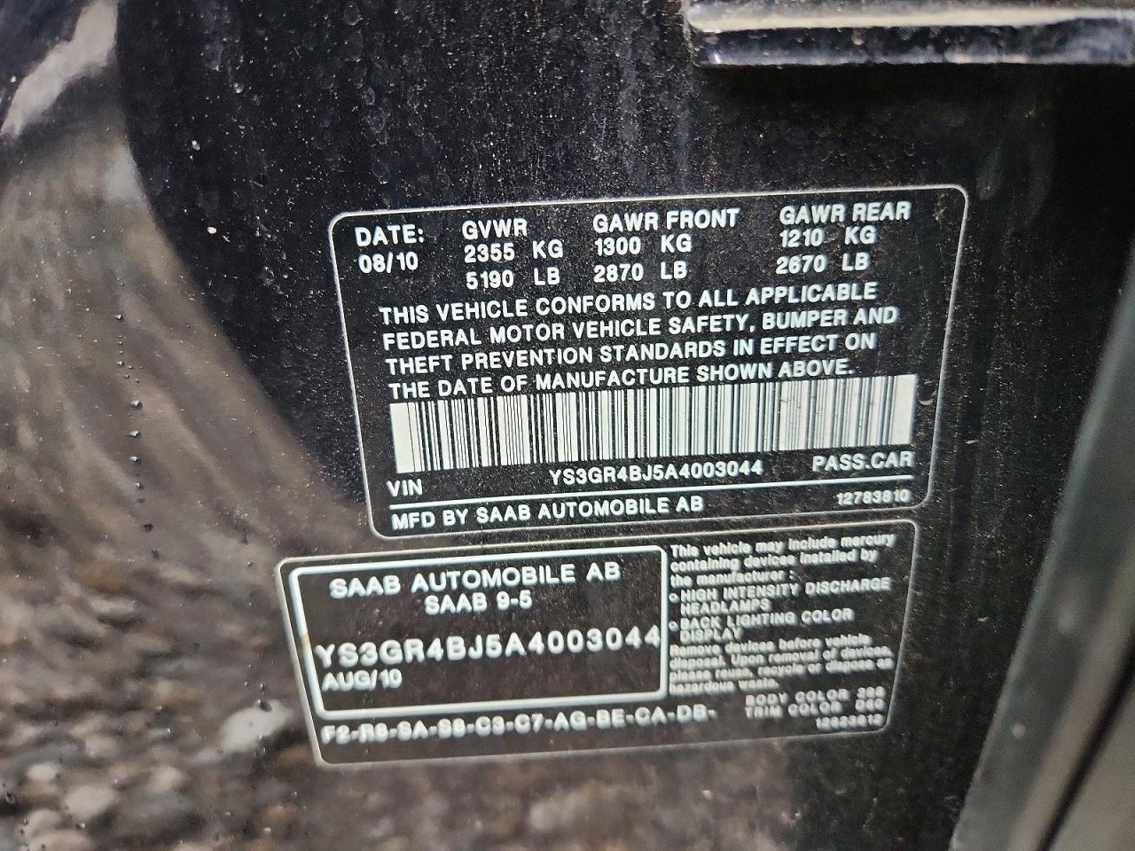 2010 Saab 9-5 Aero Black vin: YS3GR4BJ5A4003044