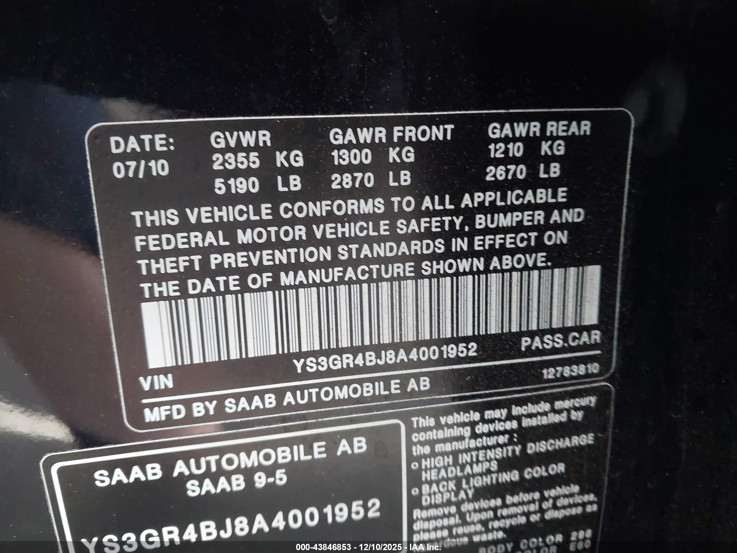2010 Saab 9-5 Aero Black vin: YS3GR4BJ8A4001952