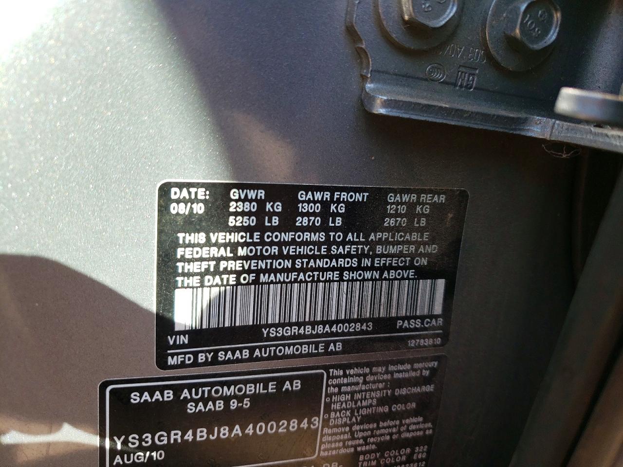 2010 Saab 9-5 Aero Silver vin: YS3GR4BJ8A4002843