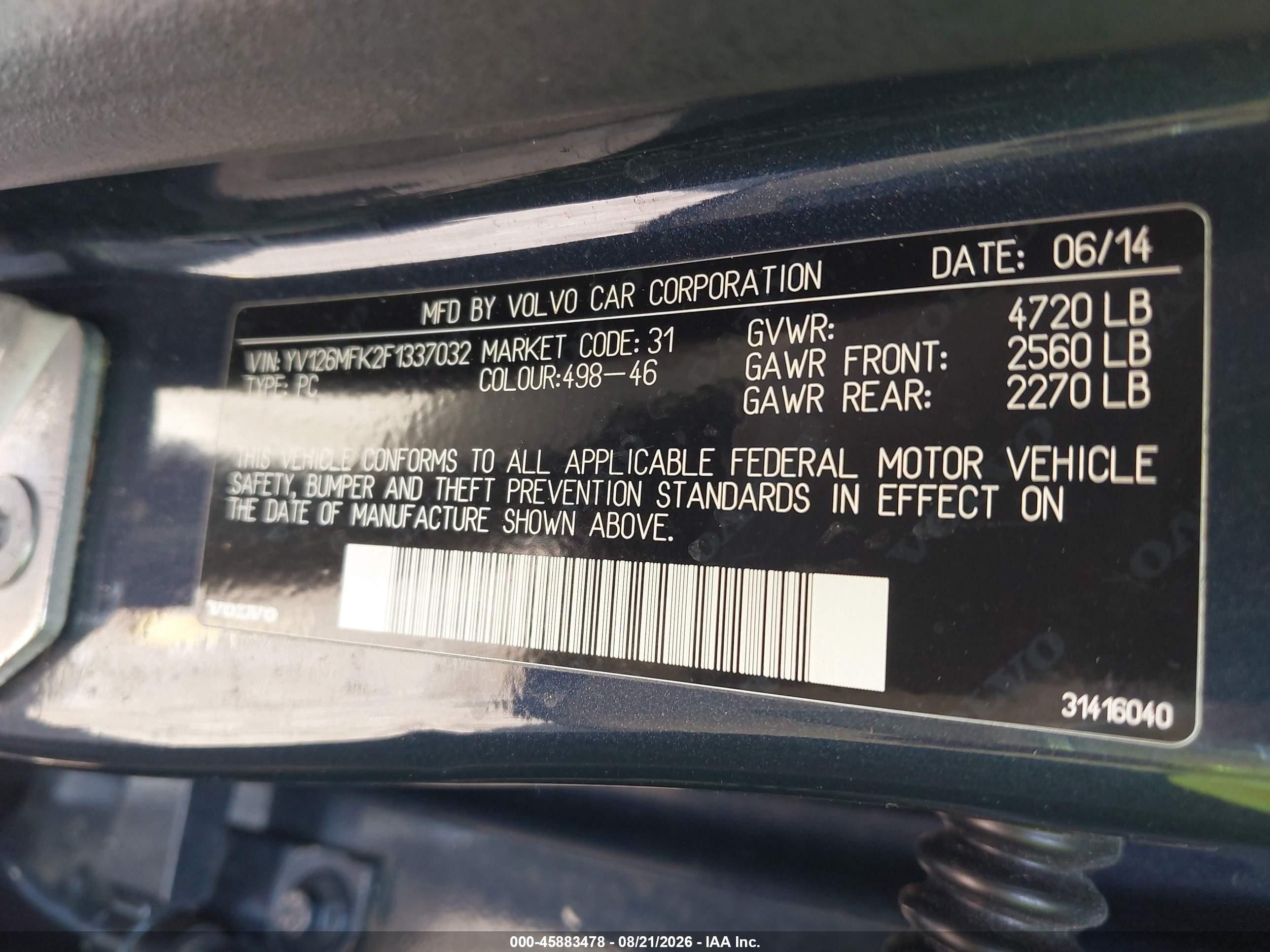 2015 Volvo S60 T5 Premier Blue vin: YV126MFK2F1337032